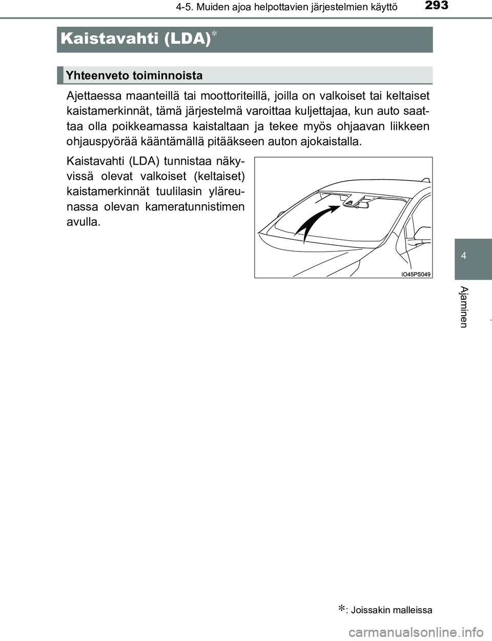 TOYOTA PRIUS 2017  Omistajan Käsikirja (in Finnish) 293
4
4-5. Muiden ajoa helpottavien järjestelmien käyttö
Ajaminen
OM47B56FI
Kaistavahti (LDA)∗
Ajettaessa maanteillä tai moottoriteillä, joilla on valkoiset tai keltaiset
kaistamerkinnät, täm