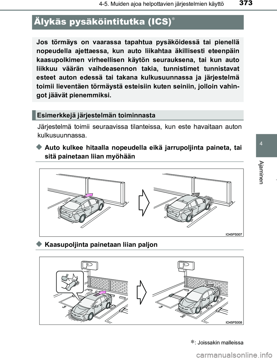 TOYOTA PRIUS 2017  Omistajan Käsikirja (in Finnish) 373
4
4-5. Muiden ajoa helpottavien järjestelmien käyttö
Ajaminen
OM47B56FI
Älykäs pysäköintitutka (ICS)∗
Järjestelmä toimii seuraavissa tilanteissa, kun este havaitaan auton
kulkusuunnassa
