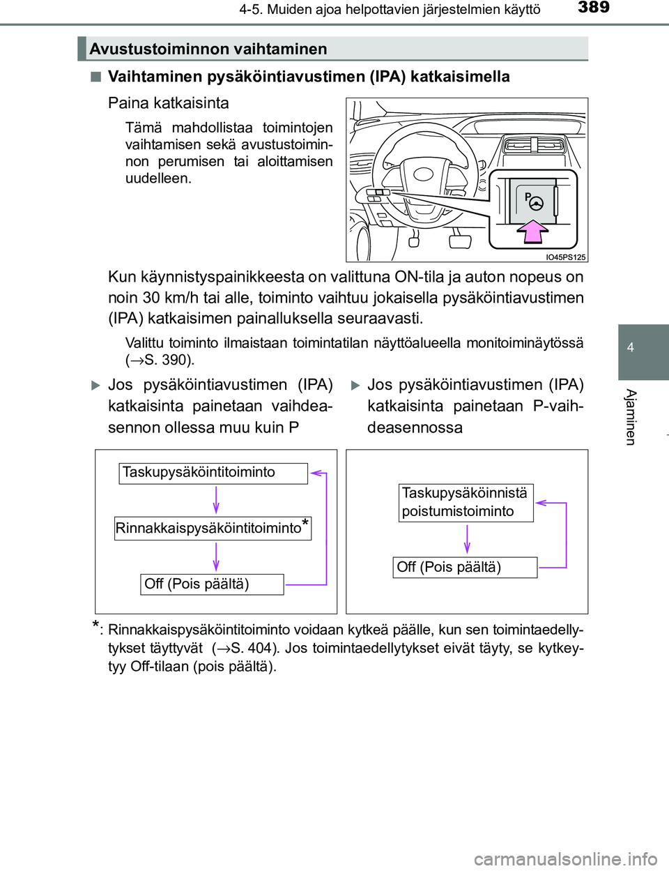 TOYOTA PRIUS 2017  Omistajan Käsikirja (in Finnish) 3894-5. Muiden ajoa helpottavien järjestelmien käyttö
4
Ajaminen
OM47B56FIn
Vaihtaminen pysäköintiavustimen (IPA) katkaisimella
Paina katkaisinta
Tämä mahdollistaa toimintojen
vaihtamisen sekä
