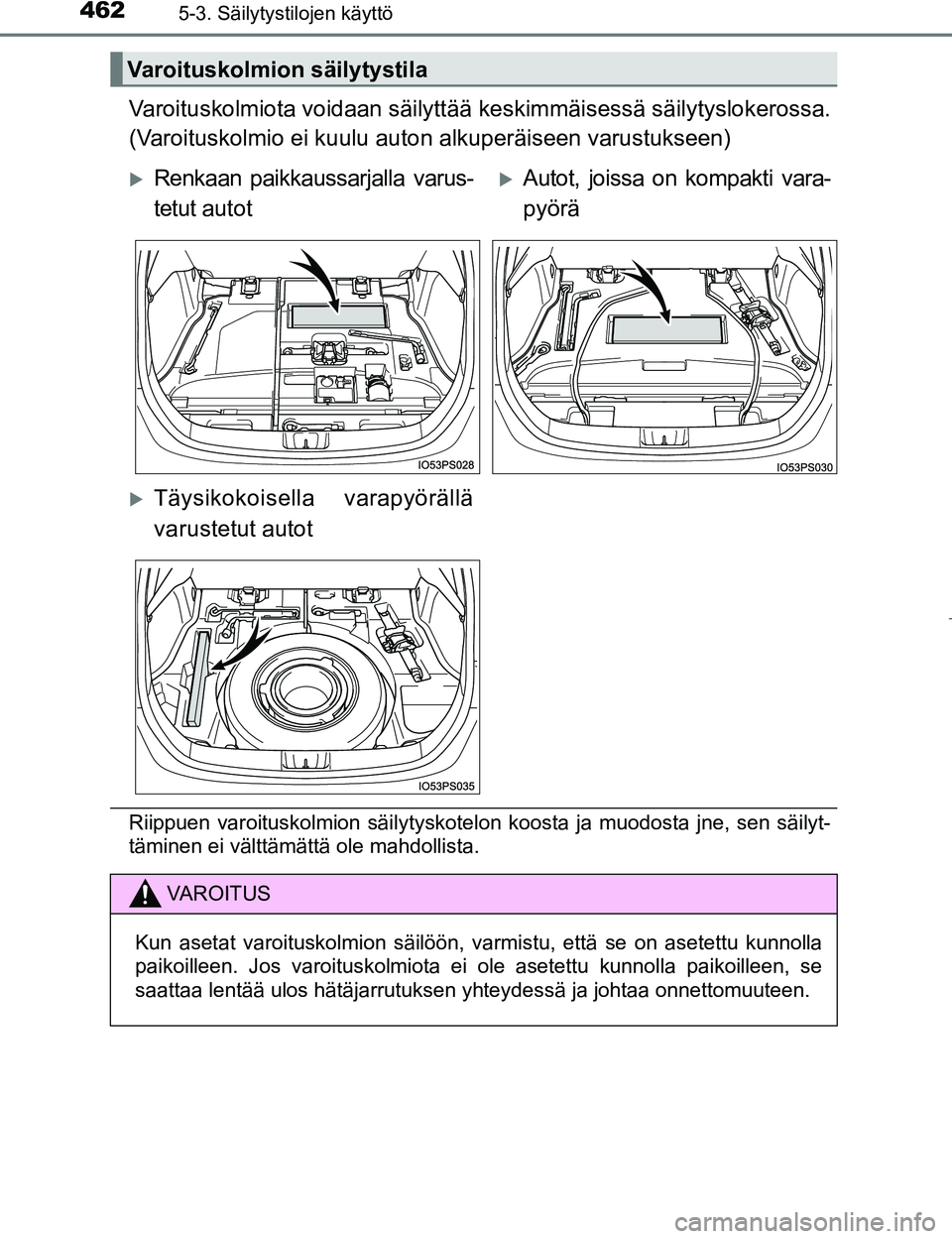 TOYOTA PRIUS 2017  Omistajan Käsikirja (in Finnish) 4625-3. Säilytystilojen käyttö
OM47B56FI
Varoituskolmiota voidaan säilyttää keskimmäisessä säilytyslokerossa.
(Varoituskolmio ei kuulu auto n alkuperäiseen varustukseen)
Riippuen varoituskol