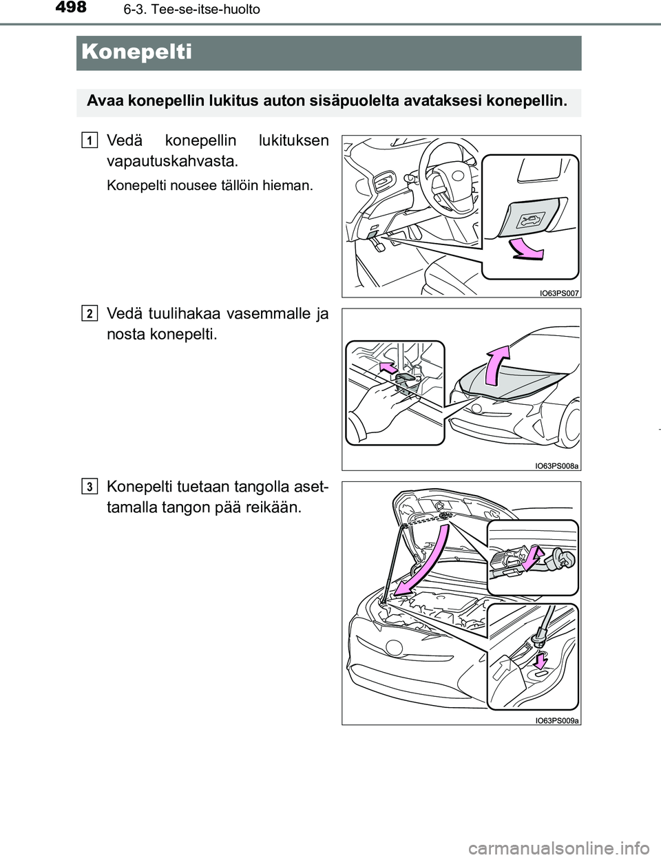 TOYOTA PRIUS 2017  Omistajan Käsikirja (in Finnish) 4986-3. Tee-se-itse-huolto
OM47B56FI
Konepelti
Vedä konepellin lukituksen
vapautuskahvasta.
Konepelti nousee tällöin hieman.
Vedä tuulihakaa vasemmalle ja
nosta konepelti.
Konepelti tuetaan tangol