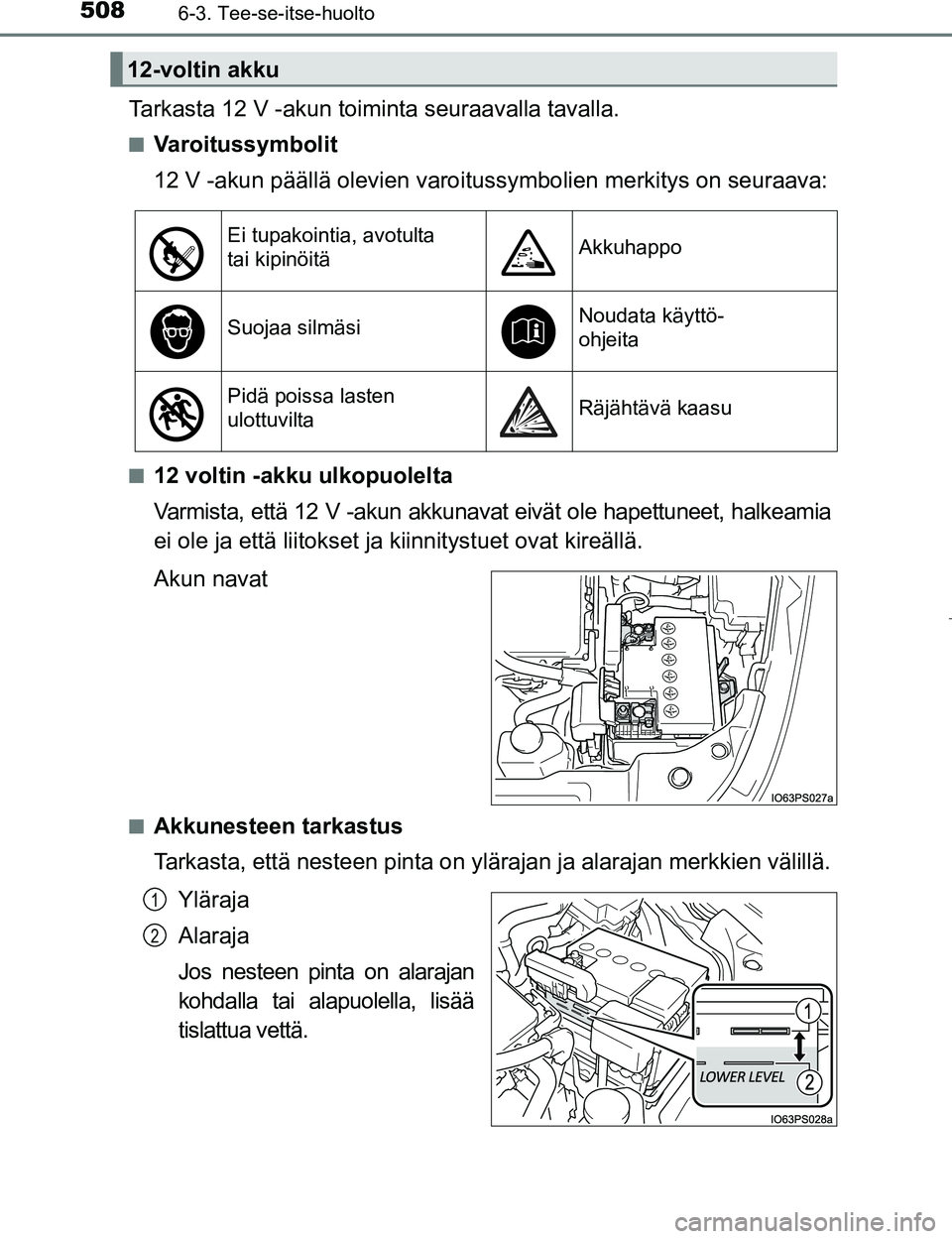 TOYOTA PRIUS 2017  Omistajan Käsikirja (in Finnish) 5086-3. Tee-se-itse-huolto
OM47B56FI
Tarkasta 12 V -akun toiminta seuraavalla tavalla.
nVaroitussymbolit
12 V -akun päällä olevien varoitussymbolien merkitys on seuraava:
n12 voltin -akku ulkopuole