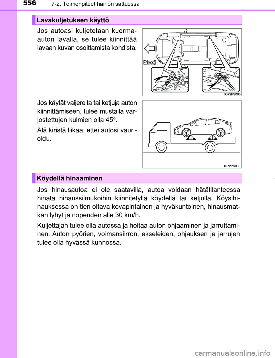 TOYOTA PRIUS 2017  Omistajan Käsikirja (in Finnish) 5567-2. Toimenpiteet häiriön sattuessa
OM47B56FI
Jos autoasi kuljetetaan kuorma-
auton lavalla, se tulee kiinnittää
lavaan kuvan osoittamista kohdista.
Jos käytät vaijereita tai ketjuja auton
ki
