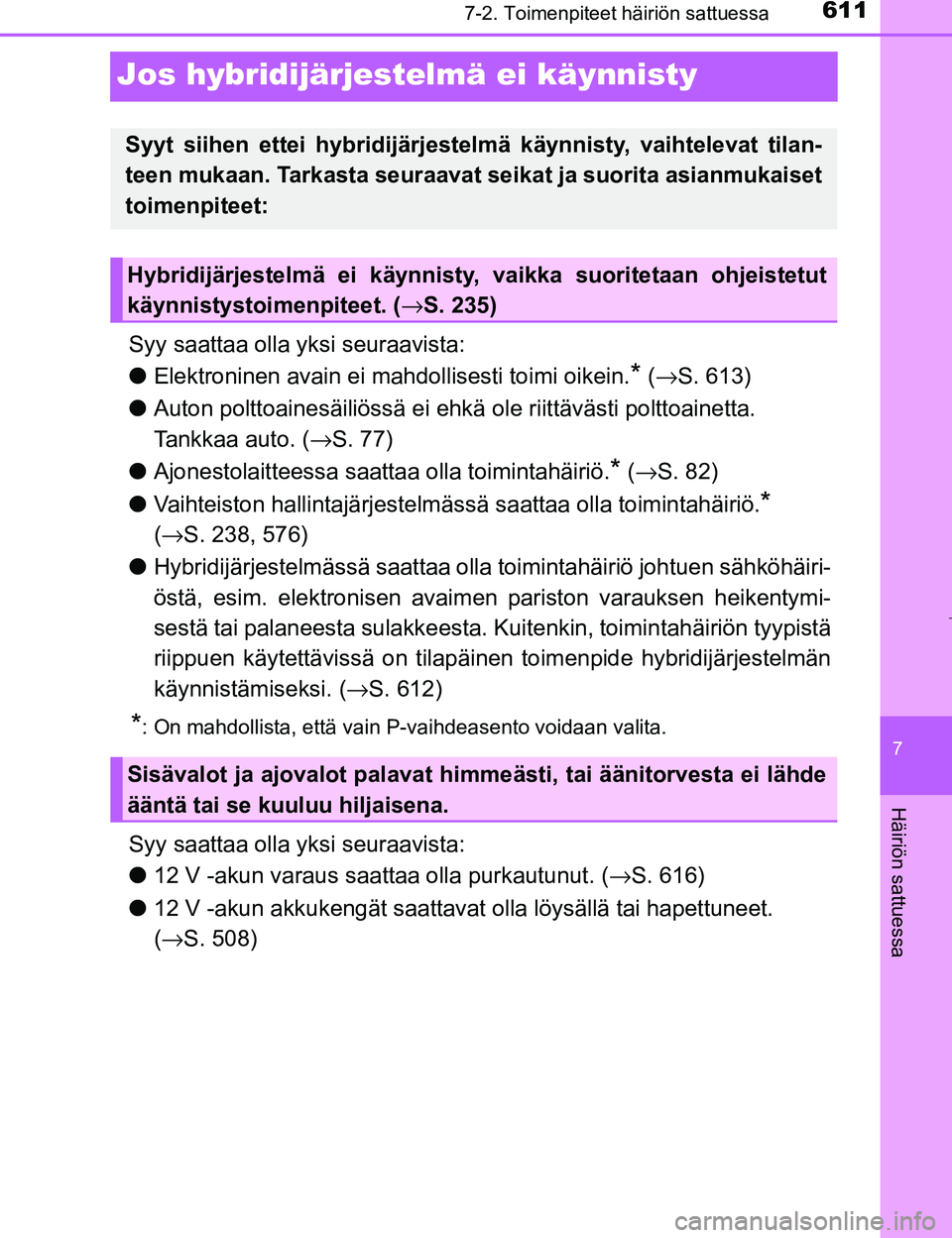 TOYOTA PRIUS 2017 Omistajan Käsikirja (in Finnish) 6117-2. Toimenpiteet häiriön sattuessa
OM47B56FI
7
Häiriön sattuessa
Jos hybridijärjestelmä ei käynnisty
Syy saattaa olla yksi seuraavista:
lElektroninen avain ei mahdollisesti toimi oikein.
* TOYOTA PRIUS 2017 Omistajan Käsikirja (in Finnish) 6117-2. Toimenpiteet häiriön sattuessa
OM47B56FI
7
Häiriön sattuessa
Jos hybridijärjestelmä ei käynnisty
Syy saattaa olla yksi seuraavista:
lElektroninen avain ei mahdollisesti toimi oikein.
*