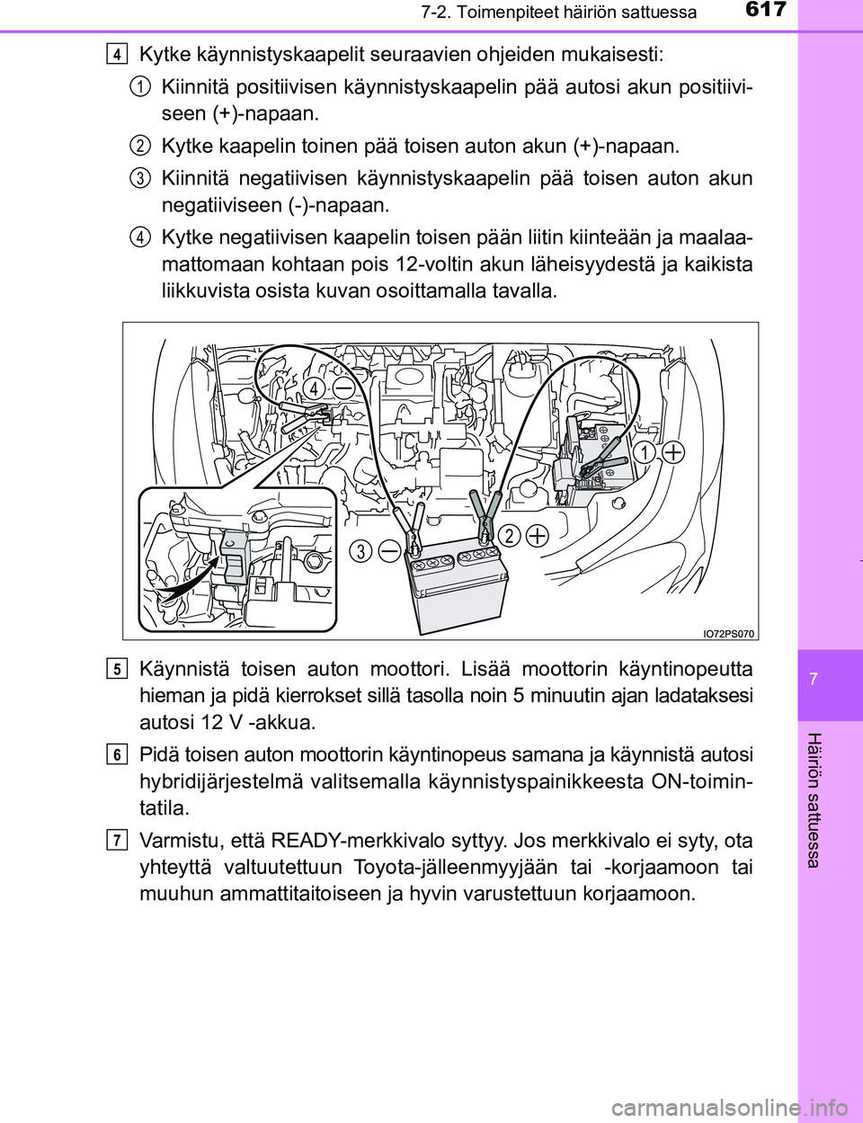 TOYOTA PRIUS 2017 Omistajan Käsikirja (in Finnish) 6177-2. Toimenpiteet häiriön sattuessa
OM47B56FI
7
Häiriön sattuessa
Kytke käynnistyskaapelit seuraavien ohjeiden mukaisesti:
Kiinnitä positiivisen kä ynnistyskaapelin pää autosi akun positii TOYOTA PRIUS 2017 Omistajan Käsikirja (in Finnish) 6177-2. Toimenpiteet häiriön sattuessa
OM47B56FI
7
Häiriön sattuessa
Kytke käynnistyskaapelit seuraavien ohjeiden mukaisesti:
Kiinnitä positiivisen kä ynnistyskaapelin pää autosi akun positii