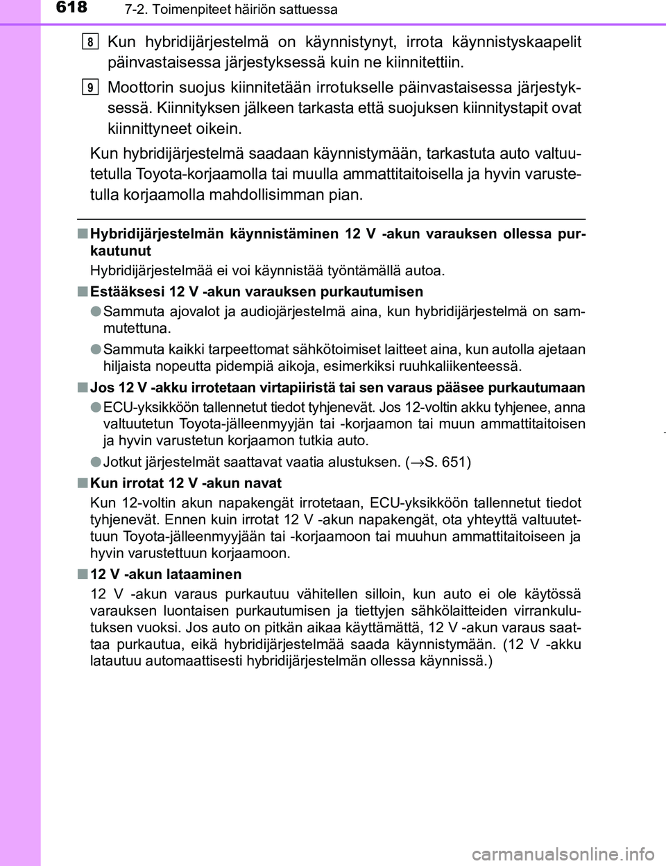 TOYOTA PRIUS 2017 Omistajan Käsikirja (in Finnish) 6187-2. Toimenpiteet häiriön sattuessa
OM47B56FI
Kun hybridijärjestelmä on käynnistynyt, irrota käynnistyskaapelit
päinvastaisessa järjestyksessä kuin ne kiinnitettiin.
Moottorin suojus kiinn TOYOTA PRIUS 2017 Omistajan Käsikirja (in Finnish) 6187-2. Toimenpiteet häiriön sattuessa
OM47B56FI
Kun hybridijärjestelmä on käynnistynyt, irrota käynnistyskaapelit
päinvastaisessa järjestyksessä kuin ne kiinnitettiin.
Moottorin suojus kiinn