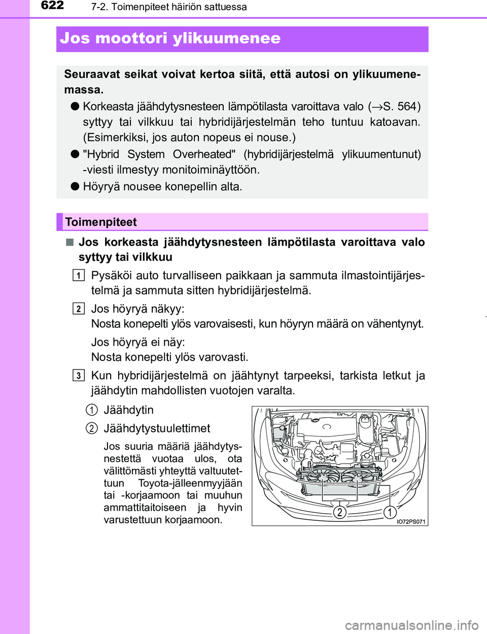 TOYOTA PRIUS 2017 Omistajan Käsikirja (in Finnish) 6227-2. Toimenpiteet häiriön sattuessa
OM47B56FI
Jos moottori ylikuumenee
nJos korkeasta jäähdytysnesteen lämpötilasta varoittava valo
syttyy tai vilkkuuPysäköi auto turvalliseen paikkaan ja TOYOTA PRIUS 2017 Omistajan Käsikirja (in Finnish) 6227-2. Toimenpiteet häiriön sattuessa
OM47B56FI
Jos moottori ylikuumenee
nJos korkeasta jäähdytysnesteen lämpötilasta varoittava valo
syttyy tai vilkkuuPysäköi auto turvalliseen paikkaan ja