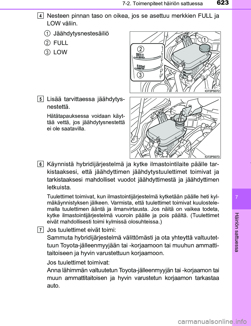 TOYOTA PRIUS 2017 Omistajan Käsikirja (in Finnish) 6237-2. Toimenpiteet häiriön sattuessa
OM47B56FI
7
Häiriön sattuessa
Nesteen pinnan taso on oikea, jos se asettuu merkkien FULL ja
LOW väliin.
Jäähdytysnestesäiliö
FULL
LOW
Lisää tarvittaes TOYOTA PRIUS 2017 Omistajan Käsikirja (in Finnish) 6237-2. Toimenpiteet häiriön sattuessa
OM47B56FI
7
Häiriön sattuessa
Nesteen pinnan taso on oikea, jos se asettuu merkkien FULL ja
LOW väliin.
Jäähdytysnestesäiliö
FULL
LOW
Lisää tarvittaes