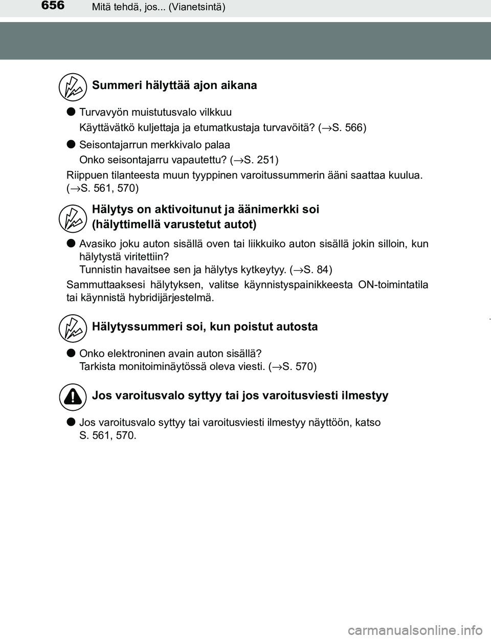 TOYOTA PRIUS 2017 Omistajan Käsikirja (in Finnish) 656Mitä tehdä, jos... (Vianetsintä)
OM47B56FI
lTurvavyön muistutusvalo vilkkuu
Käyttävätkö kuljettaja ja etumatkustaja turvavöitä? (→S. 566)
lSeisontajarrun merkkivalo palaa
Onko seisontaj TOYOTA PRIUS 2017 Omistajan Käsikirja (in Finnish) 656Mitä tehdä, jos... (Vianetsintä)
OM47B56FI
lTurvavyön muistutusvalo vilkkuu
Käyttävätkö kuljettaja ja etumatkustaja turvavöitä? (→S. 566)
lSeisontajarrun merkkivalo palaa
Onko seisontaj