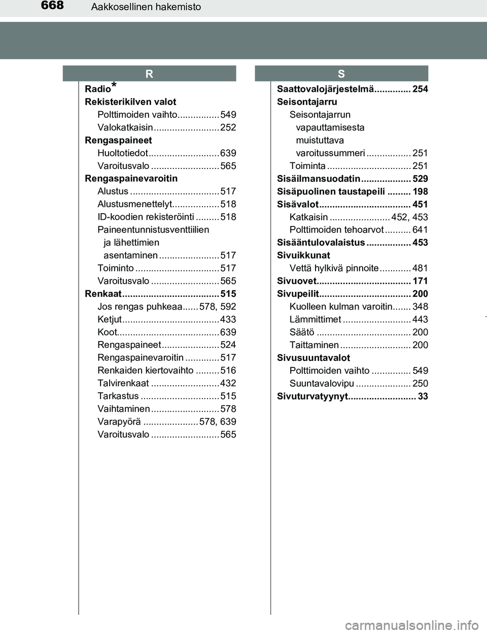 TOYOTA PRIUS 2017 Omistajan Käsikirja (in Finnish) 668Aakkosellinen hakemisto
OM47B56FI
Radio*
Rekisterikilven valotPolttimoiden vaihto................ 549
Valokatkaisin ......................... 252
Rengaspaineet
Huoltotiedot ........................ TOYOTA PRIUS 2017 Omistajan Käsikirja (in Finnish) 668Aakkosellinen hakemisto
OM47B56FI
Radio*
Rekisterikilven valotPolttimoiden vaihto................ 549
Valokatkaisin ......................... 252
Rengaspaineet
Huoltotiedot ........................