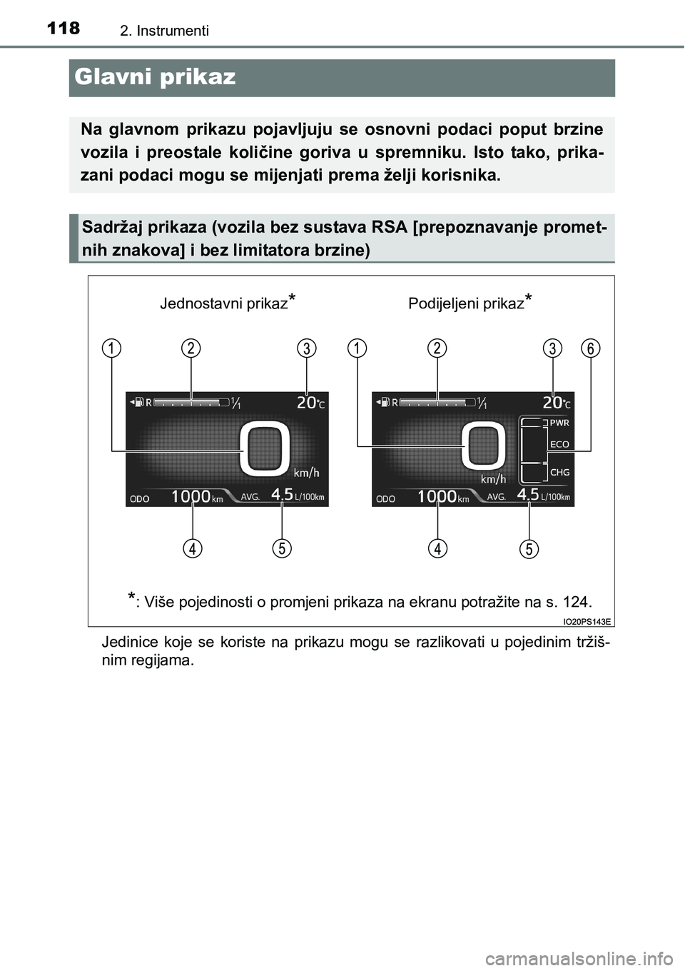 TOYOTA PRIUS 2016  Upute Za Rukovanje (in Croatian) 1182. Instrumenti
Glavni prikaz
Jedinice koje se koriste na prikazu mogu se razlikovati u pojedinim tržiš-
nim regijama.
Na glavnom prikazu pojavljuju se osnovni podaci poput brzine
vozila i preosta