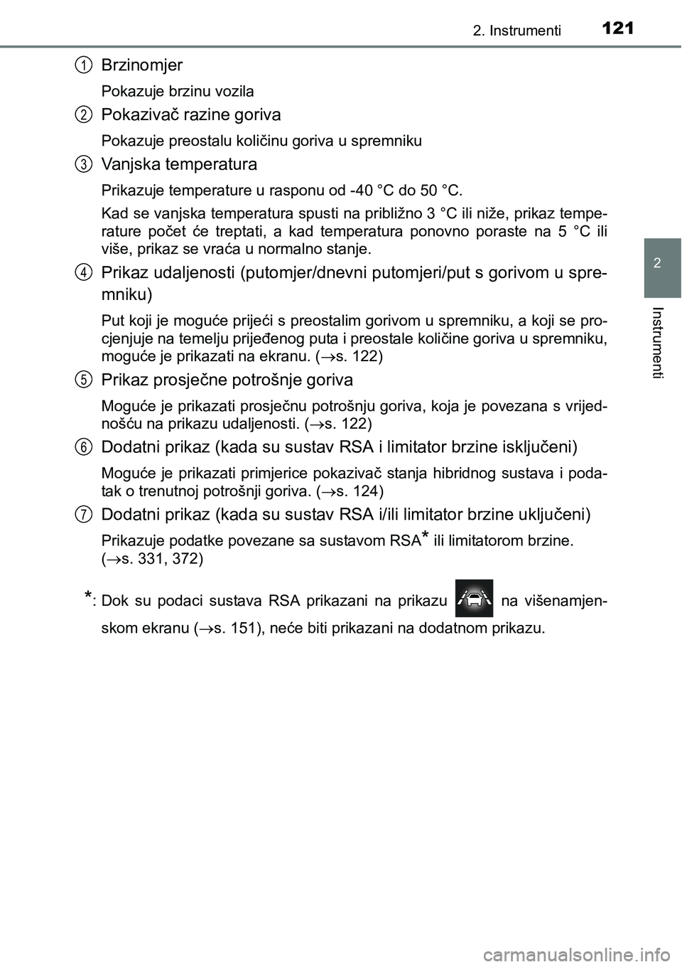 TOYOTA PRIUS 2016 Upute Za Rukovanje (in Croatian) 1212. Instrumenti
2
Instrumenti
Brzinomjer
Pokazuje brzinu vozila
Pokazivač razine goriva
Pokazuje preostalu količinu goriva u spremniku
Vanjska temperatura
Prikazuje temperature u rasponu od -40 ° TOYOTA PRIUS 2016 Upute Za Rukovanje (in Croatian) 1212. Instrumenti
2
Instrumenti
Brzinomjer
Pokazuje brzinu vozila
Pokazivač razine goriva
Pokazuje preostalu količinu goriva u spremniku
Vanjska temperatura
Prikazuje temperature u rasponu od -40 °
