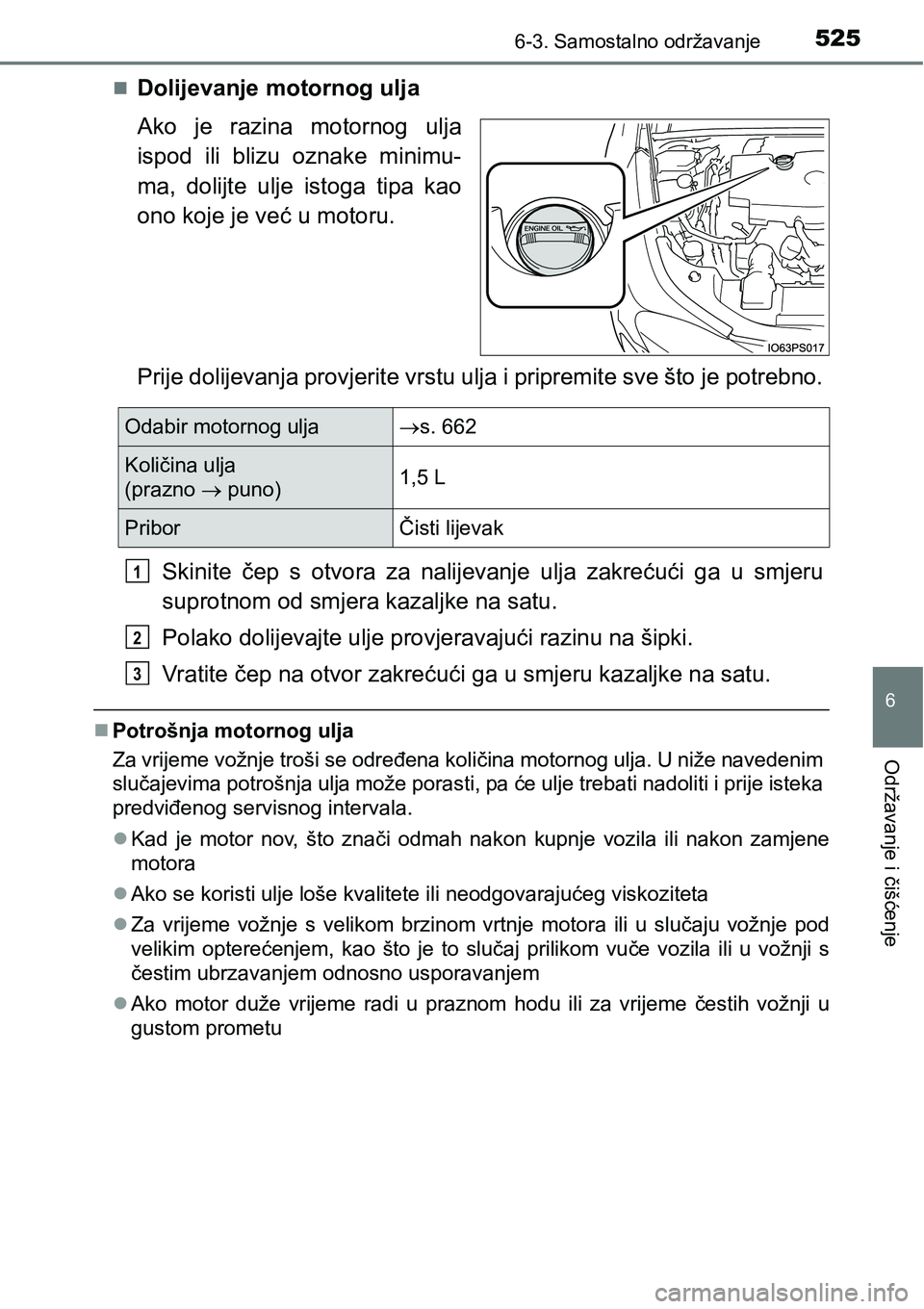 TOYOTA PRIUS 2016 Upute Za Rukovanje (in Croatian) 5256-3. Samostalno održavanje
6
Održavanje i čišćenje
Dolijevanje motornog ulja
Ako je razina motornog ulja
ispod ili blizu oznake minimu-
ma, dolijte ulje istoga tipa kao
ono koje je već u m TOYOTA PRIUS 2016 Upute Za Rukovanje (in Croatian) 5256-3. Samostalno održavanje
6
Održavanje i čišćenje
Dolijevanje motornog ulja
Ako je razina motornog ulja
ispod ili blizu oznake minimu-
ma, dolijte ulje istoga tipa kao
ono koje je već u m
