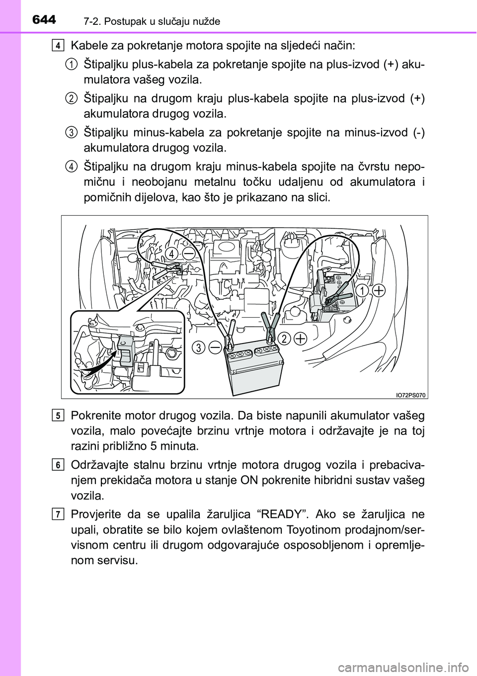 TOYOTA PRIUS 2016 Upute Za Rukovanje (in Croatian) 6447-2. Postupak u slučaju nužde
Kabele za pokretanje motora spojite na sljedeći način:
Štipaljku plus-kabela za pokretanje spojite na plus-izvod (+) aku-
mulatora vašeg vozila.
Štipaljku na dr TOYOTA PRIUS 2016 Upute Za Rukovanje (in Croatian) 6447-2. Postupak u slučaju nužde
Kabele za pokretanje motora spojite na sljedeći način:
Štipaljku plus-kabela za pokretanje spojite na plus-izvod (+) aku-
mulatora vašeg vozila.
Štipaljku na dr