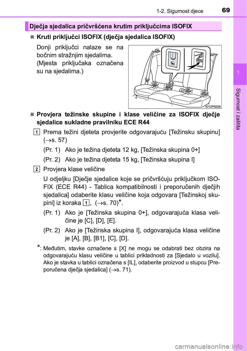 TOYOTA PRIUS 2016 Upute Za Rukovanje (in Croatian) 691-2. Sigurnost djece
1
Sigurnost i zaštita
Kruti priključci ISOFIX (dječja sjedalica ISOFIX)
Donji priključci nalaze se na
bočnim stražnjim sjedalima.
(Mjesta priključaka označena
su na TOYOTA PRIUS 2016 Upute Za Rukovanje (in Croatian) 691-2. Sigurnost djece
1
Sigurnost i zaštita
Kruti priključci ISOFIX (dječja sjedalica ISOFIX)
Donji priključci nalaze se na
bočnim stražnjim sjedalima.
(Mjesta priključaka označena
su na