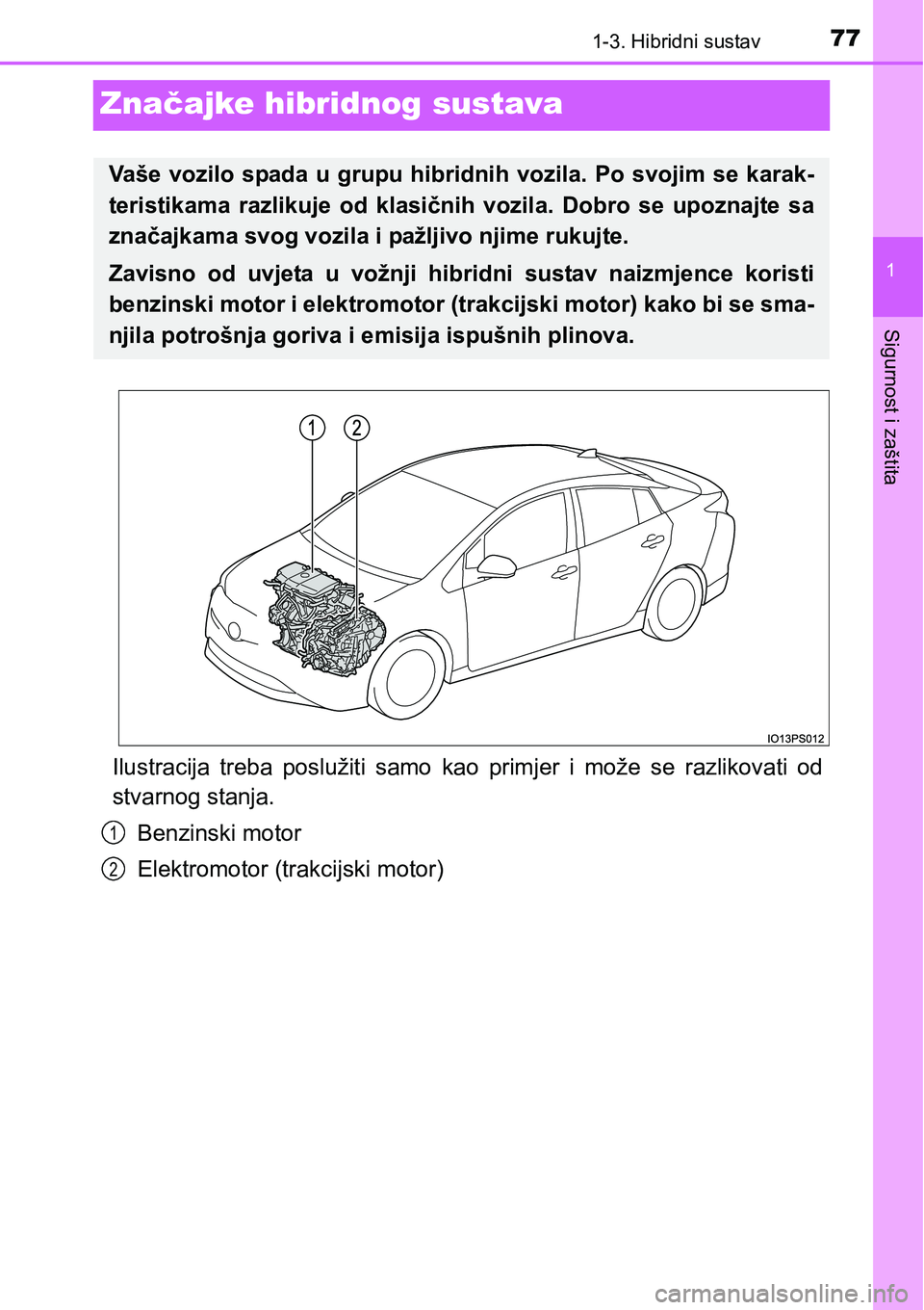 TOYOTA PRIUS 2016  Upute Za Rukovanje (in Croatian) 77
1
1-3. Hibridni sustav
Sigurnost i zaštita
Značajke hibridnog sustava
Ilustracija treba poslužiti samo kao primjer i može se razlikovati od
stvarnog stanja.
Benzinski motor
Elektromotor (trakci