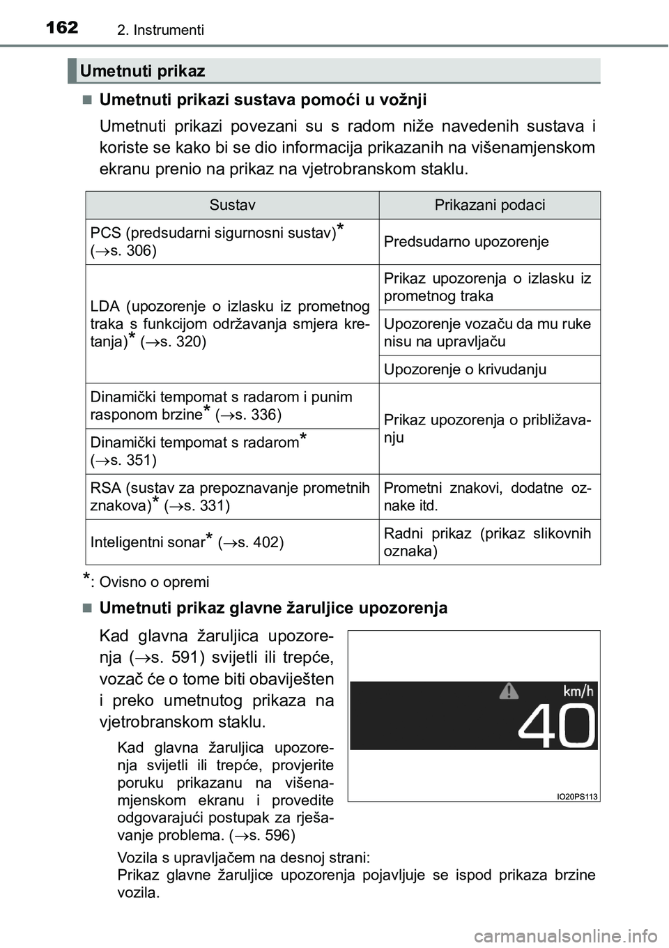 TOYOTA PRIUS 2015  Upute Za Rukovanje (in Croatian) 1622. Instrumenti
Umetnuti prikazi sustava pomoći u vožnji
Umetnuti prikazi povezani su s radom niže navedenih sustava i
koriste se kako bi se dio informacija prikazanih na višenamjenskom
ekran