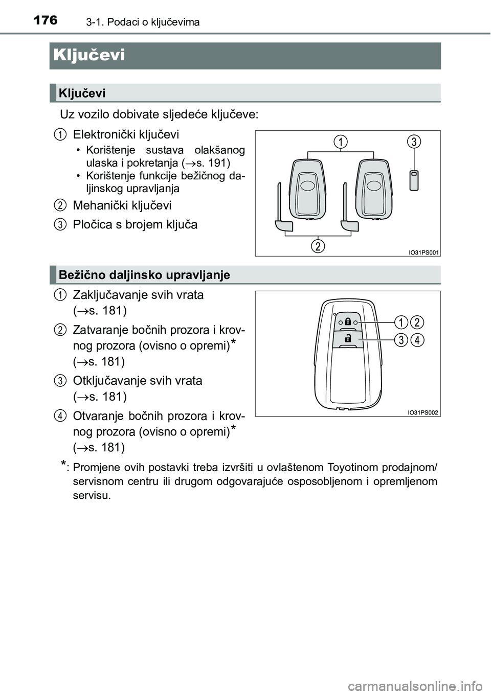 TOYOTA PRIUS 2015  Upute Za Rukovanje (in Croatian) 1763-1. Podaci o ključevima
Ključevi
Uz vozilo dobivate sljedeće ključeve:
Elektronički ključevi
• Korištenje sustava olakšanog
ulaska i pokretanja (s. 191)
• Korištenje funkcije beži