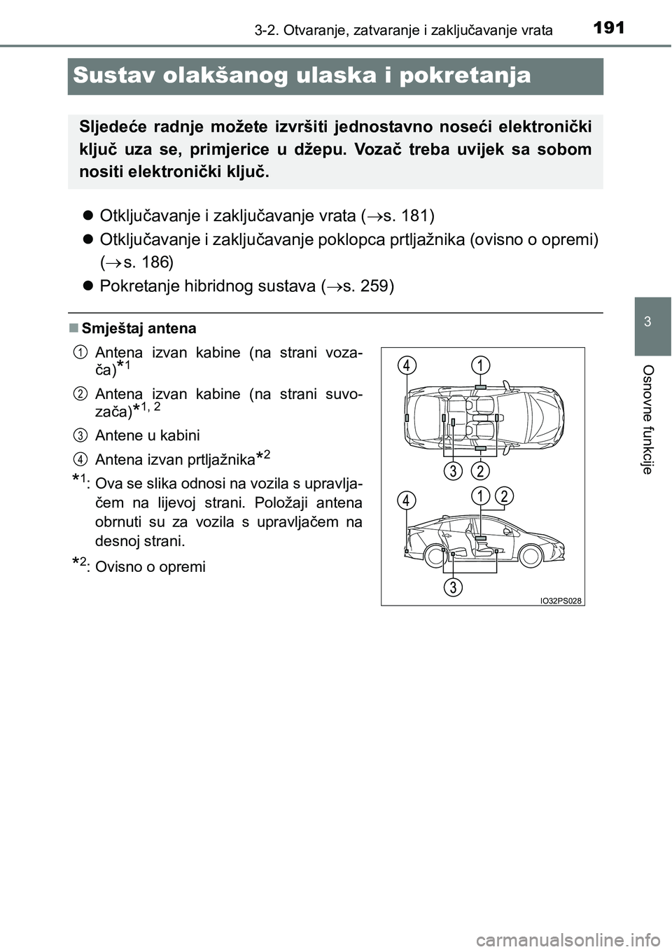 TOYOTA PRIUS 2015  Upute Za Rukovanje (in Croatian) 191
3
3-2. Otvaranje, zatvaranje i zaključavanje vrata
Osnovne funkcije
Sustav olakšanog ulaska i pokretanja
Otključavanje i zaključavanje vrata (s. 181)
Otključavanje i zaključavanje p