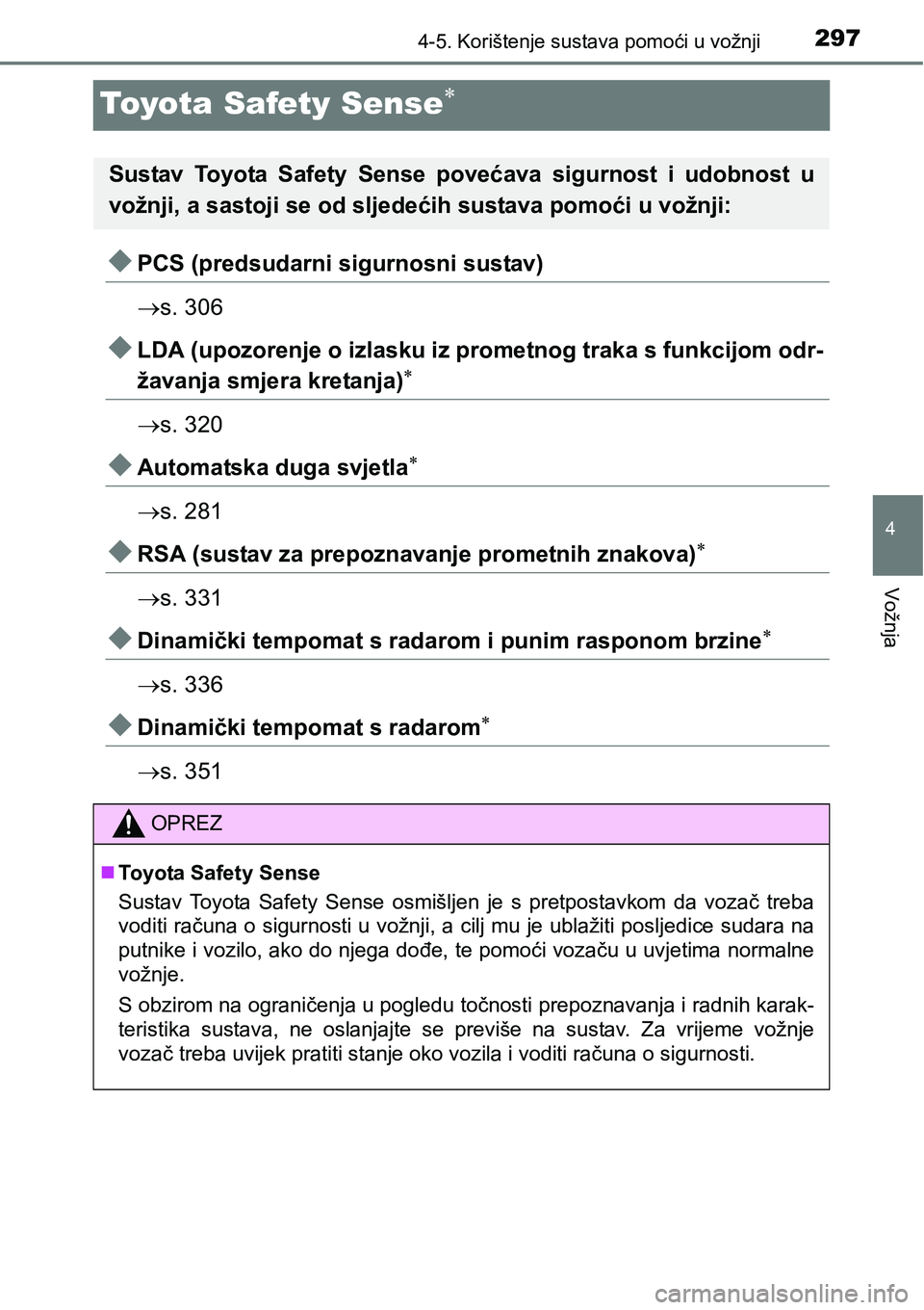 TOYOTA PRIUS 2015  Upute Za Rukovanje (in Croatian) 297
4
4-5. Korištenje sustava pomoći u vožnji
Vožnja
Toyota Safety Sense
PCS (predsudarni sigurnosni sustav)
s. 306
LDA (upozorenje o izlasku iz prometnog traka s funkcijom odr-
žavan