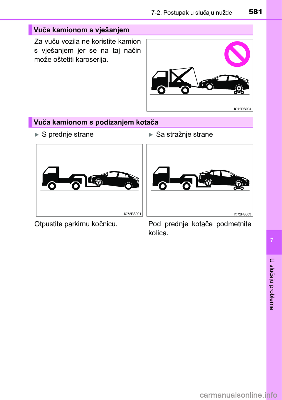 TOYOTA PRIUS 2015  Upute Za Rukovanje (in Croatian) 5817-2. Postupak u slučaju nužde
7
U slučaju problema
Za vuču vozila ne koristite kamion
s vješanjem jer se na taj način
može oštetiti karoserija.
Vuča kamionom s vješanjem
Vuča kamionom s 