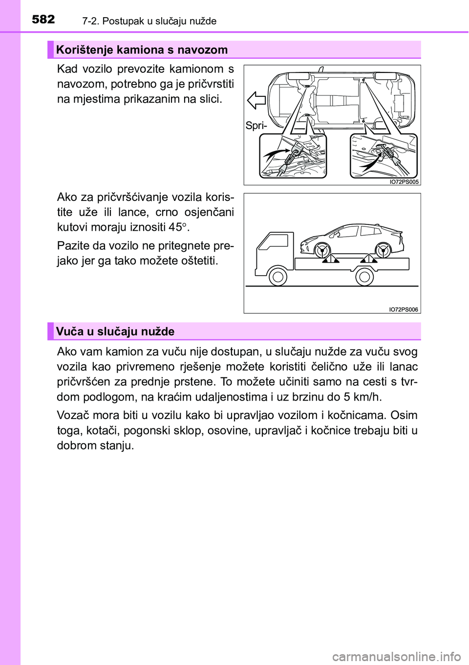 TOYOTA PRIUS 2015  Upute Za Rukovanje (in Croatian) 5827-2. Postupak u slučaju nužde
Kad vozilo prevozite kamionom s
navozom, potrebno ga je pričvrstiti
na mjestima prikazanim na slici.
Ako za pričvršćivanje vozila koris-
tite uže ili lance, crn
