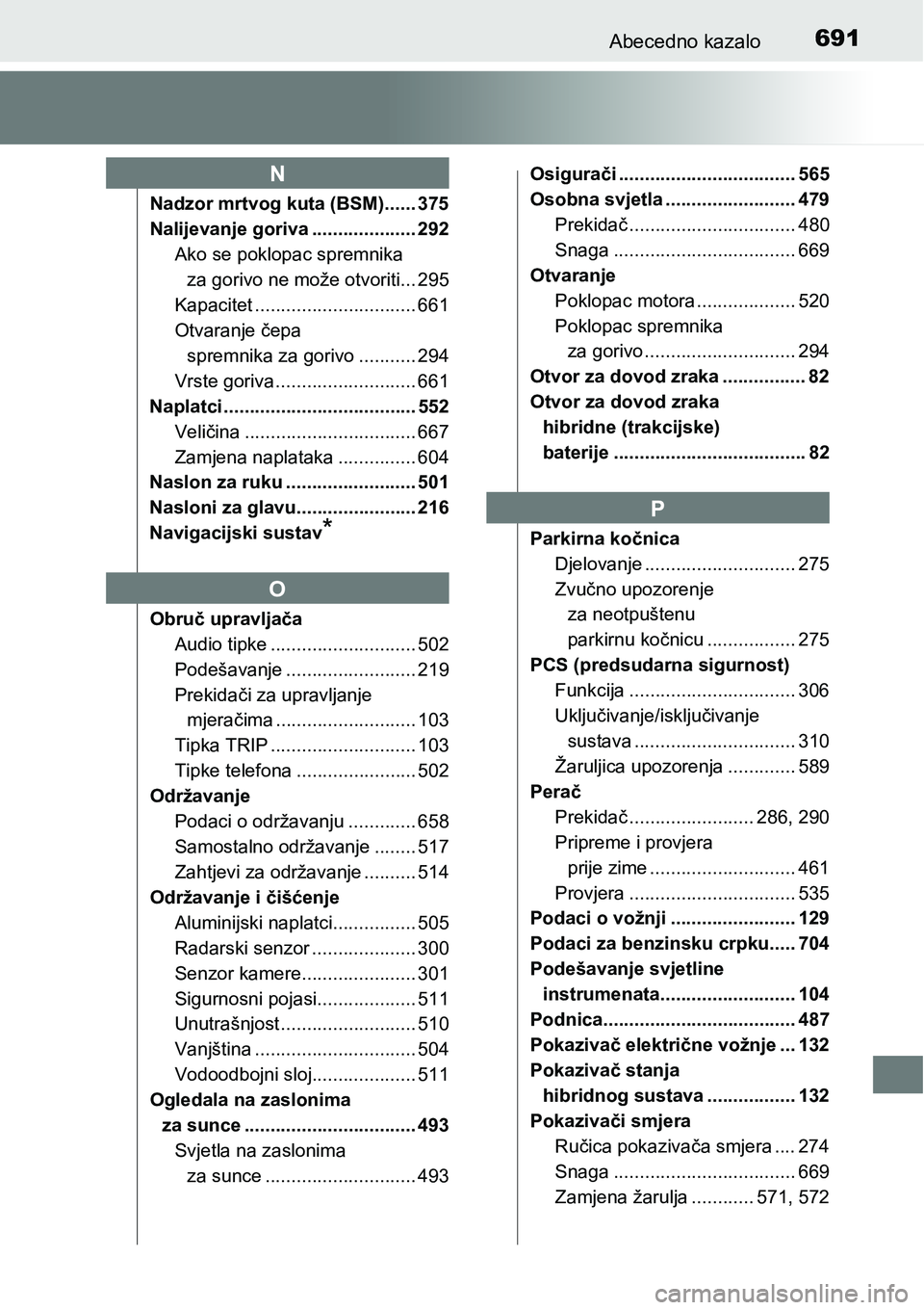 TOYOTA PRIUS 2015  Upute Za Rukovanje (in Croatian) 691Abecedno kazalo
Nadzor mrtvog kuta (BSM)...... 375
Nalijevanje goriva .................... 292
Ako se poklopac spremnika 
za gorivo ne može otvoriti... 295
Kapacitet ..............................