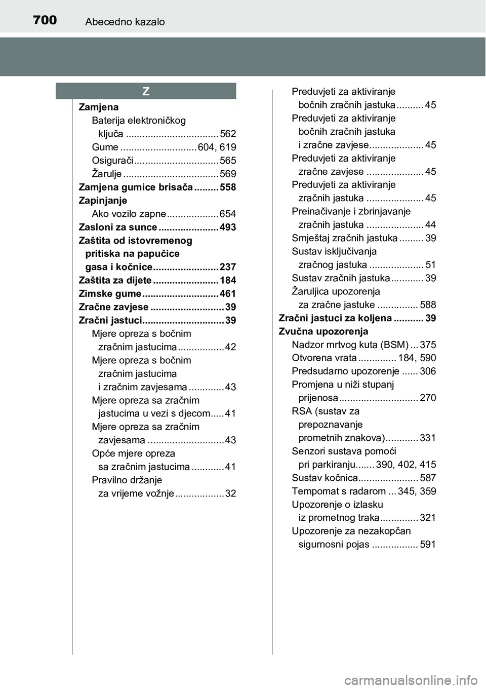 TOYOTA PRIUS 2015  Upute Za Rukovanje (in Croatian) 700Abecedno kazalo
Zamjena
Baterija elektroničkog 
ključa .................................. 562
Gume ............................ 604, 619
Osigurači ............................... 565
Žarulje ..