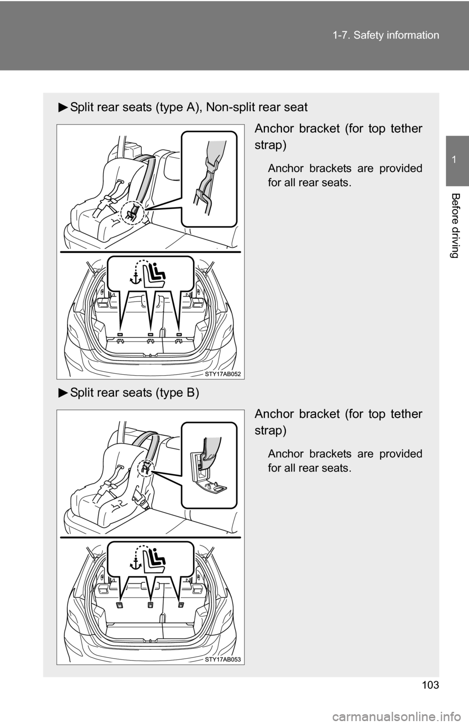 TOYOTA YARIS 2009 2.G Owners Manual 103
1-7. Safety information
1
Before driving
Split rear seats (type A), Non-split rear seat
Anchor bracket (for top tether
strap)
Anchor brackets are provided
for all rear seats.
Split rear seats (typ