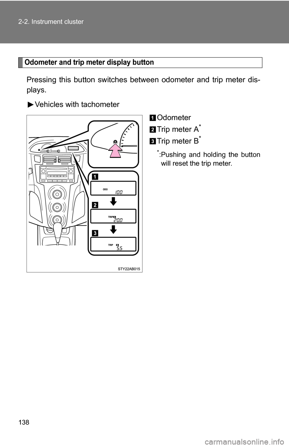 TOYOTA YARIS 2009 2.G Owners Manual 138 2-2. Instrument cluster
Odometer and trip meter display button 
Pressing this button switches between odometer and trip meter dis-
plays.
Vehicles with tachometer Odometer
Trip meter A
*
Trip mete