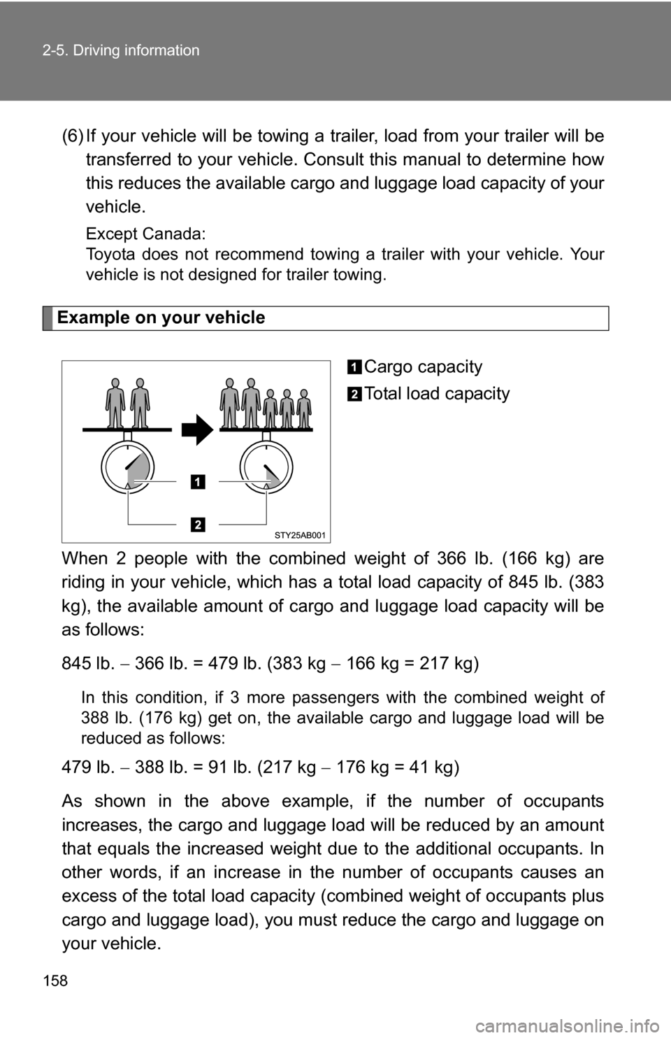 TOYOTA YARIS 2009 2.G Owners Manual 158 2-5. Driving information
(6) If your vehicle will be towing a trailer, load from your trailer will be
transferred to your vehicle. Consult this manual to determine how
this reduces the available c TOYOTA YARIS 2009 2.G Owners Manual 158 2-5. Driving information
(6) If your vehicle will be towing a trailer, load from your trailer will be
transferred to your vehicle. Consult this manual to determine how
this reduces the available c