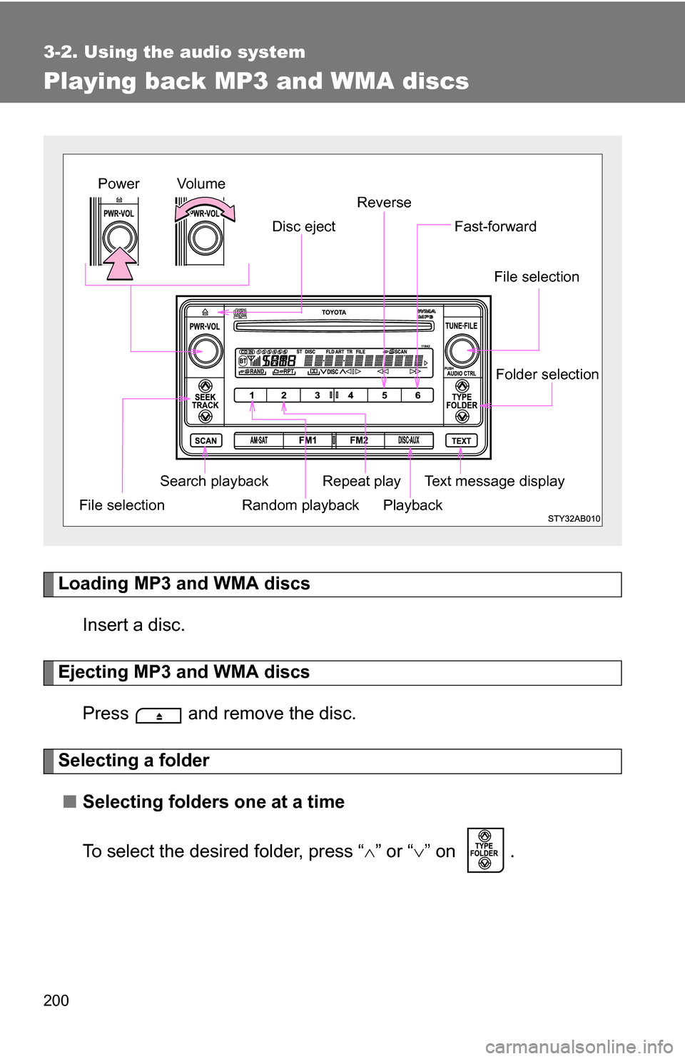 TOYOTA YARIS 2009 2.G Owners Manual 200
3-2. Using the audio system
Playing back MP3 and WMA discs
Loading MP3 and WMA discsInsert a disc.
Ejecting MP3 and WMA discsPress   and remove the disc.
Selecting a folder■ Selecting folders on