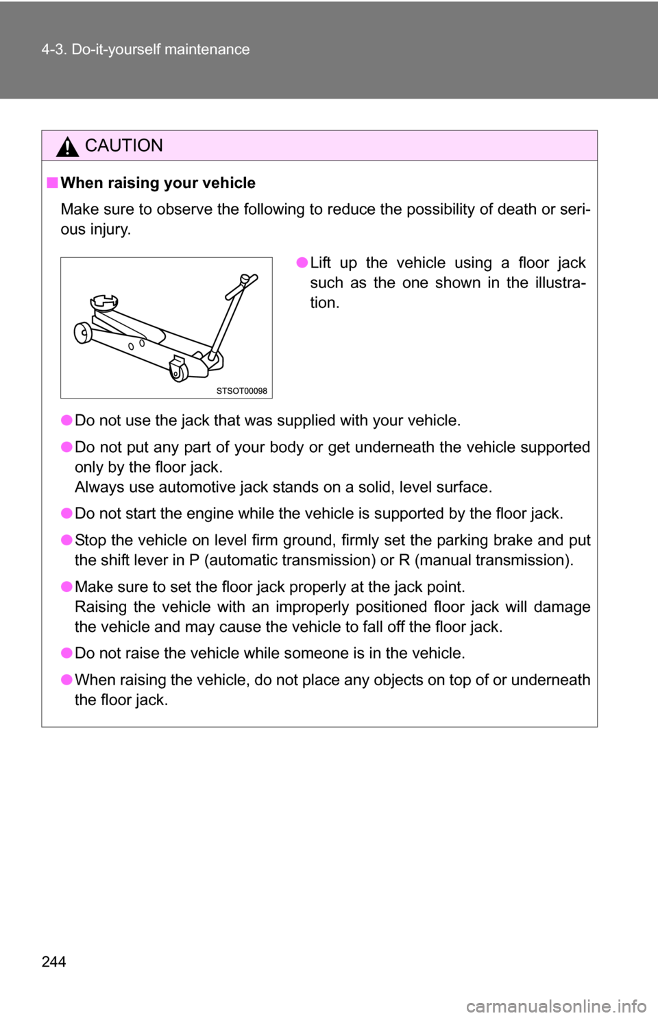 TOYOTA YARIS 2009 2.G Owners Manual 244 4-3. Do-it-yourself maintenance
CAUTION
■When raising your vehicle
Make sure to observe the following to reduce the possibility of death or\
 seri-
ous injury.
●Do not use the jack that was su