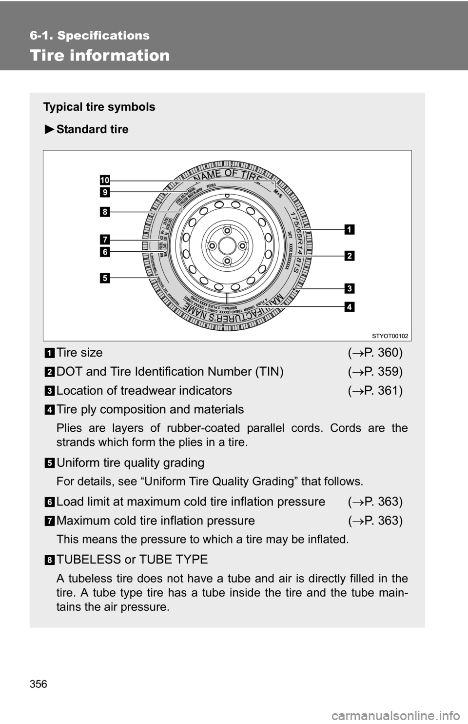 TOYOTA YARIS 2009 2.G Owners Manual 356
6-1. Specifications
Tire infor mation
Typical tire symbolsStandard tire
Tire size ( P. 360)
DOT and Tire Identification Number (TIN) ( P. 359)
Location of treadwear indicators ( P. 361)
T