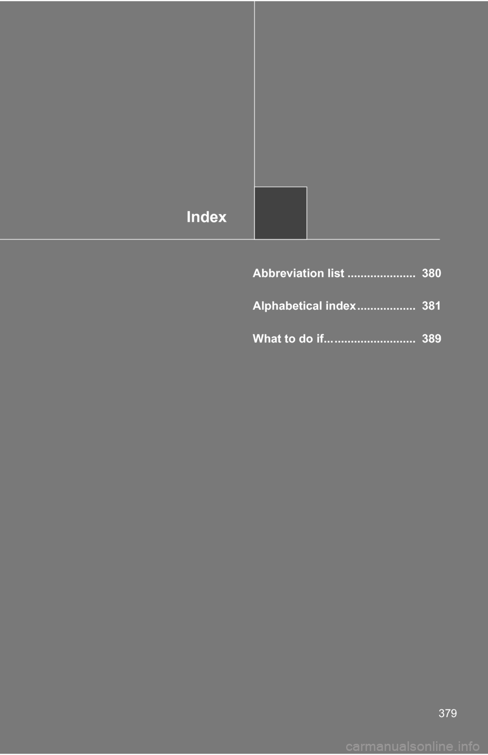TOYOTA YARIS 2009 2.G Owners Manual Index
379
Abbreviation list .....................  380
Alphabetical index ..................  381
What to do if... .........................  389 