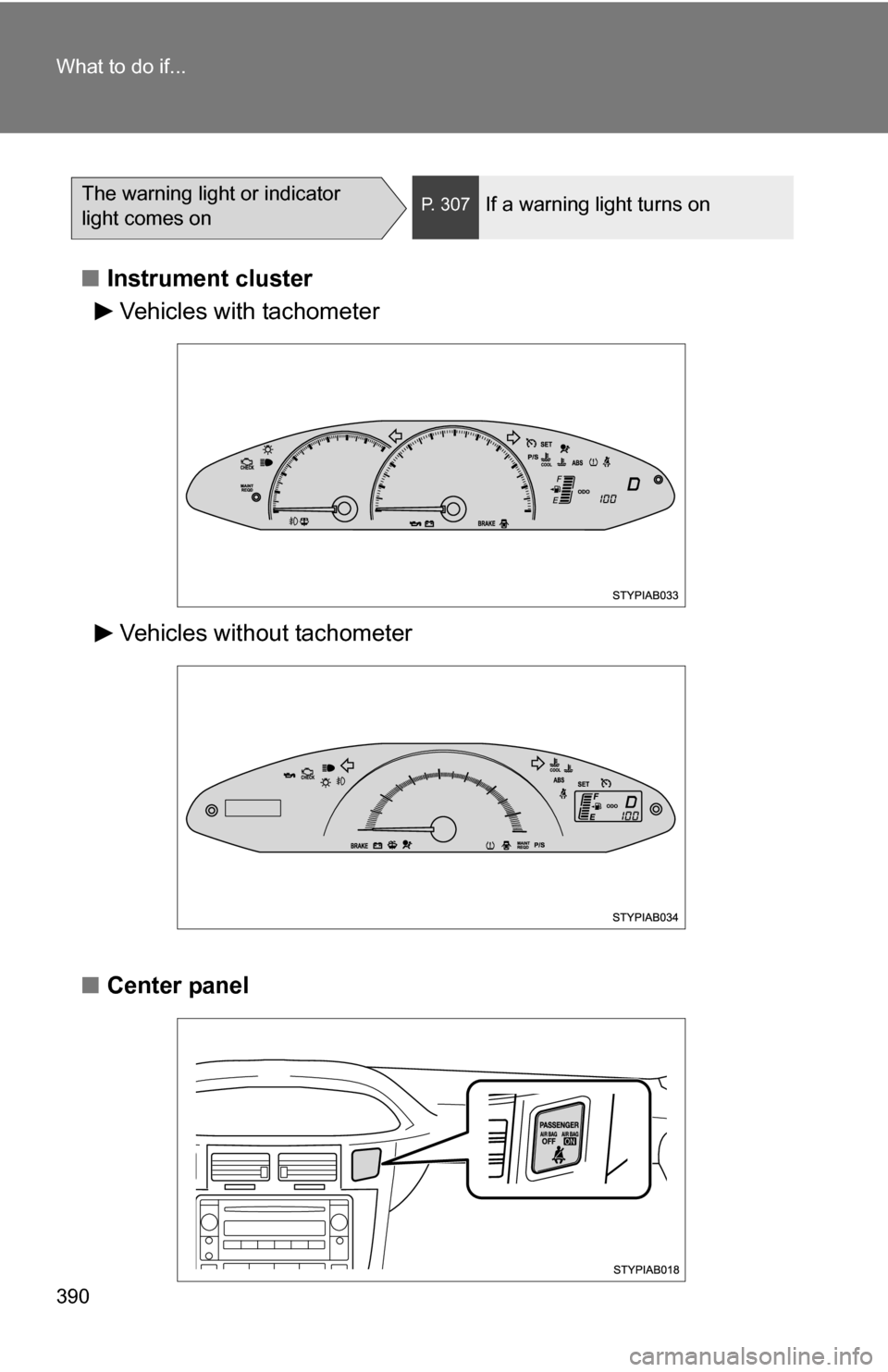TOYOTA YARIS 2009 2.G Owners Manual 390 What to do if...
■Instrument cluster
■ Center panel
The warning light or indicator 
light comes onP. 307If a warning light turns on
Vehicles with tachometer
Vehicles without tachometer 