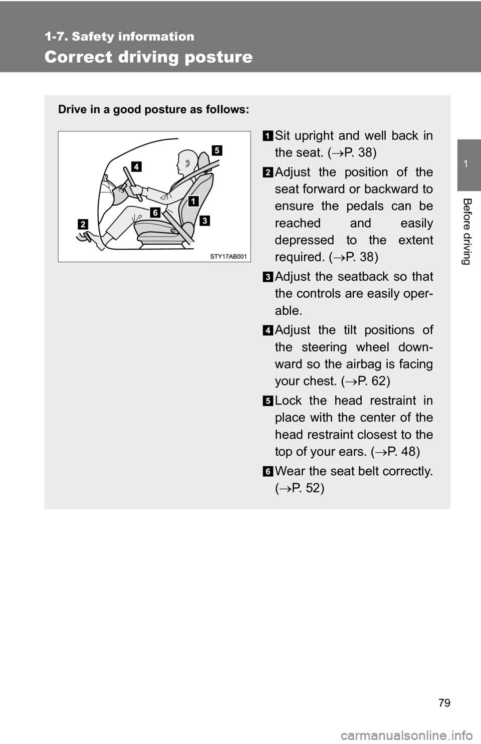 TOYOTA YARIS 2009 2.G Owners Manual 79
1
Before driving
1-7. Safety information
Correct driving posture
Drive in a good posture as follows:
Sit upright and well back in
the seat. (P.  3 8 )
Adjust the position of the
seat forward or 