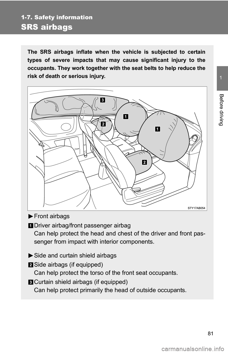 TOYOTA YARIS 2009 2.G Owners Manual 81
1
1-7. Safety information
Before driving
SRS airbags
The SRS airbags inflate when the vehicle is subjected to certain
types of severe impacts that may  cause significant injury to the
occupants. Th
