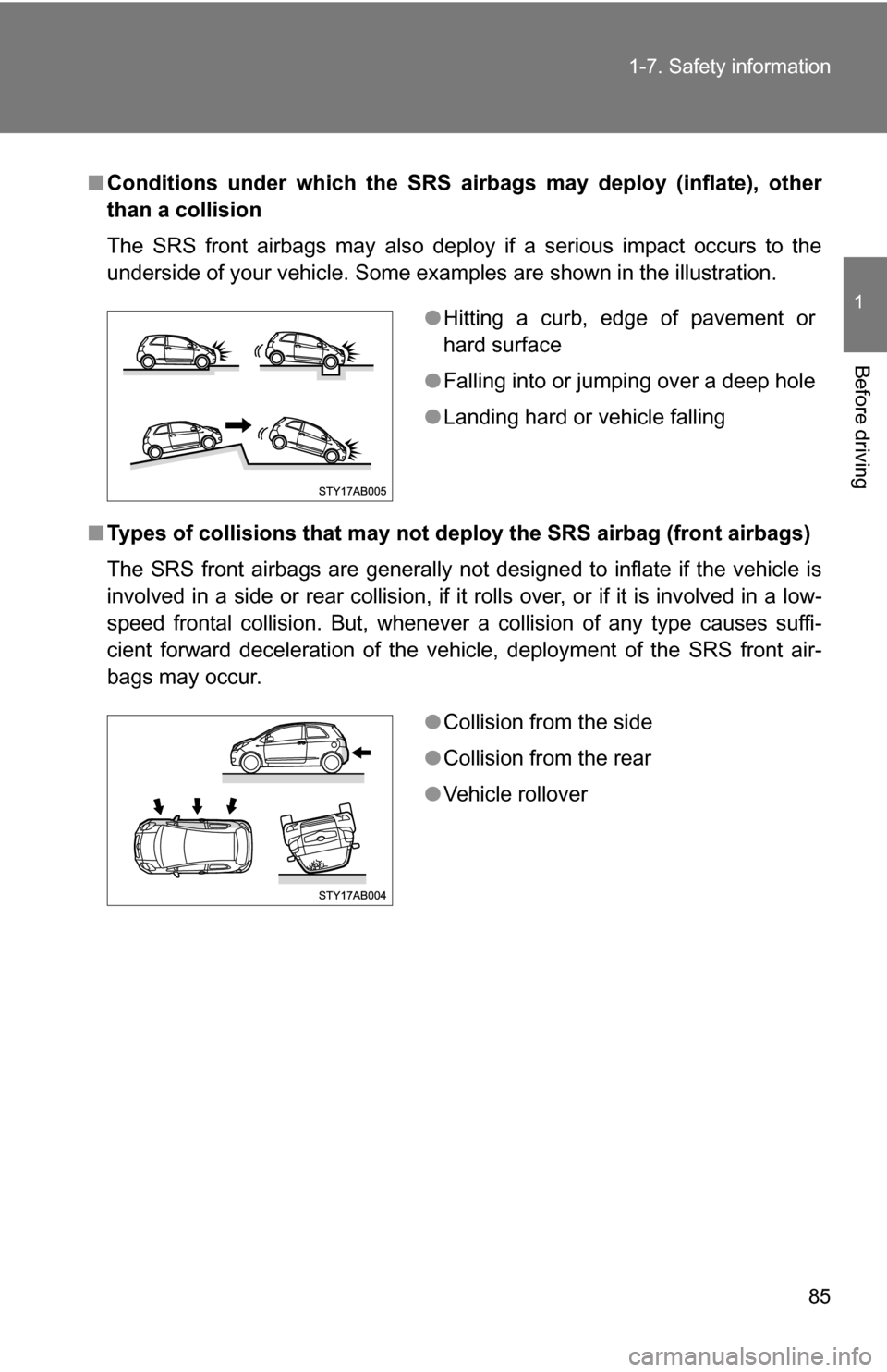 TOYOTA YARIS 2009 2.G Owners Manual 85
1-7. Safety information
1
Before driving
■
Conditions under which the SRS airbags may deploy (inflate), other
than a collision
The SRS front airbags may also deploy if a serious impact occurs to 