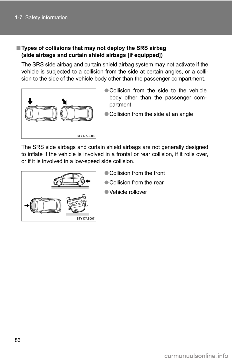 TOYOTA YARIS 2009 2.G Owners Manual 86 1-7. Safety information
■Types of collisions that may not deploy the SRS airbag 
(side airbags and curtain shield airbags [if equipped])
The SRS side airbag and curtain shield airbag system may n