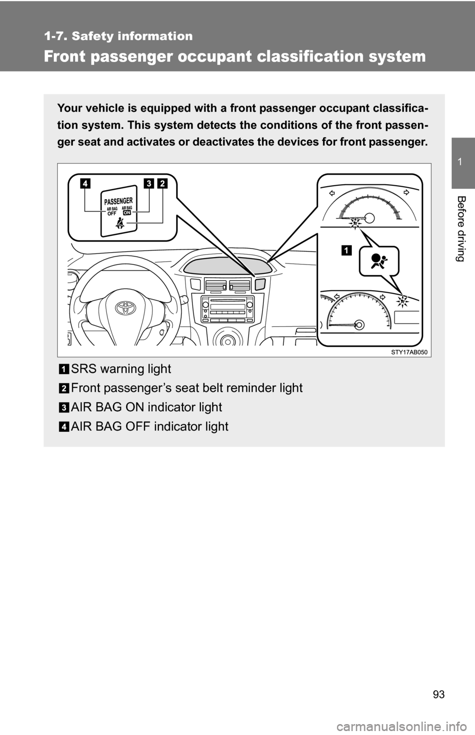 TOYOTA YARIS 2009 2.G Owners Manual 93
1
1-7. Safety information
Before driving
Front passenger occupant classification system
Your vehicle is equipped with a front passenger occupant classifica-
tion system. This system detects the  co