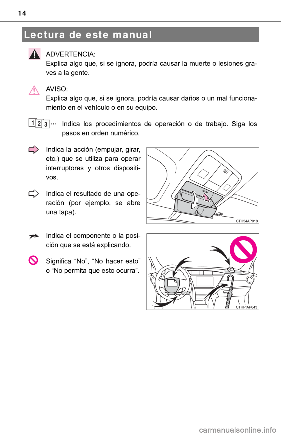 TOYOTA PRIUS C 2019  Manual del propietario (in Spanish) 14
ADVERTENCIA: 
Explica algo que, si se ignora, podría causar la muerte o lesiones gra-
ves a la gente.
AVISO: 
Explica algo que, si se ignora, podría causar daños o un mal funciona-
miento en el 