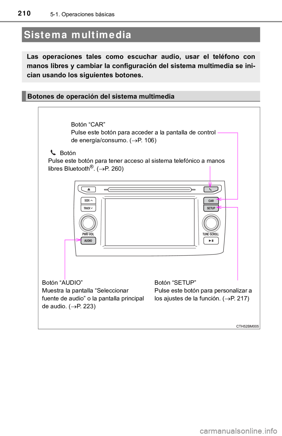 TOYOTA PRIUS C 2019  Manual del propietario (in Spanish) 2105-1. Operaciones básicas
Sistema multimedia
Las  operaciones  tales  como  escuchar  audio,  usar  el  teléfono  con
manos libres y cambiar la configuración del sistema multimedia  se ini-
cian 