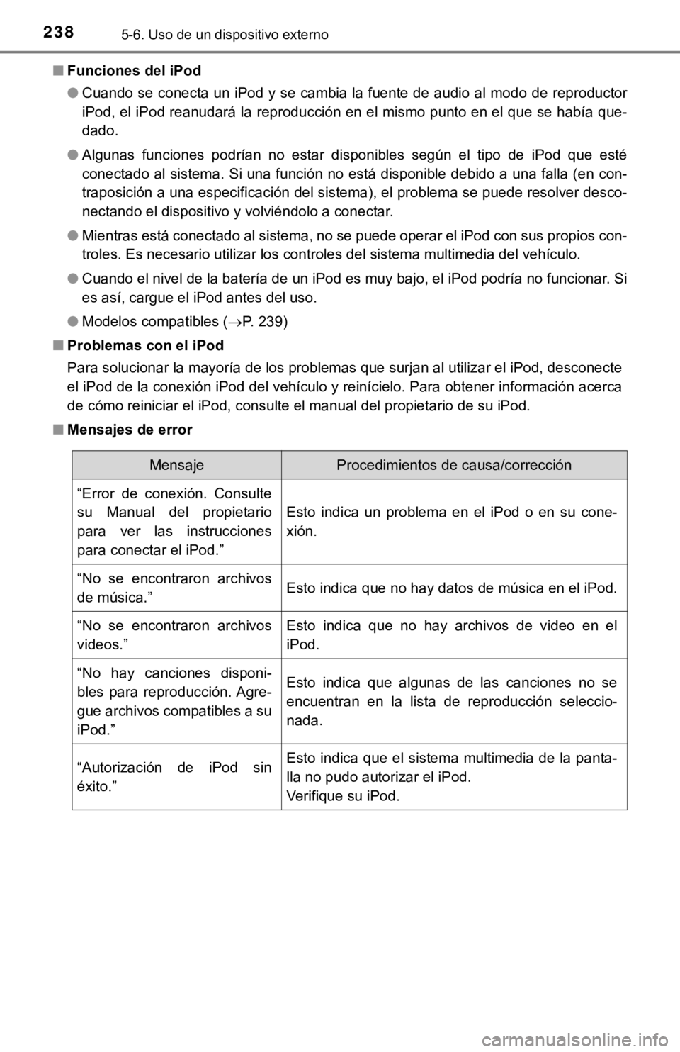 TOYOTA PRIUS C 2019 Manual del propietario (in Spanish) 2385-6. Uso de un dispositivo externo
■Funciones del iPod
●Cuando se conecta un iPod y se cambia la fuente de audio al mod o de reproductor
iPod, el iPod reanudará la reproducción en el mismo pu TOYOTA PRIUS C 2019 Manual del propietario (in Spanish) 2385-6. Uso de un dispositivo externo
■Funciones del iPod
●Cuando se conecta un iPod y se cambia la fuente de audio al mod o de reproductor
iPod, el iPod reanudará la reproducción en el mismo pu