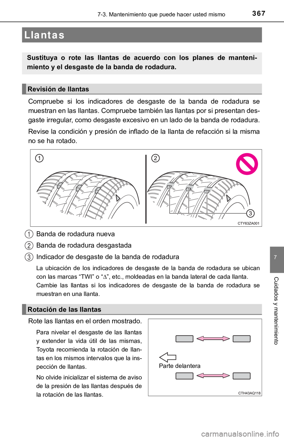 TOYOTA PRIUS C 2019 Manual del propietario (in Spanish) 3677-3. Mantenimiento que puede hacer usted mismo
7
Cuidados y mantenimiento
Compruebe si los indicadores de desgaste de la banda de rodadura se
muestran en las llantas. Compruebe también TOYOTA PRIUS C 2019 Manual del propietario (in Spanish) 3677-3. Mantenimiento que puede hacer usted mismo
7
Cuidados y mantenimiento
Compruebe si los indicadores de desgaste de la banda de rodadura se
muestran en las llantas. Compruebe también