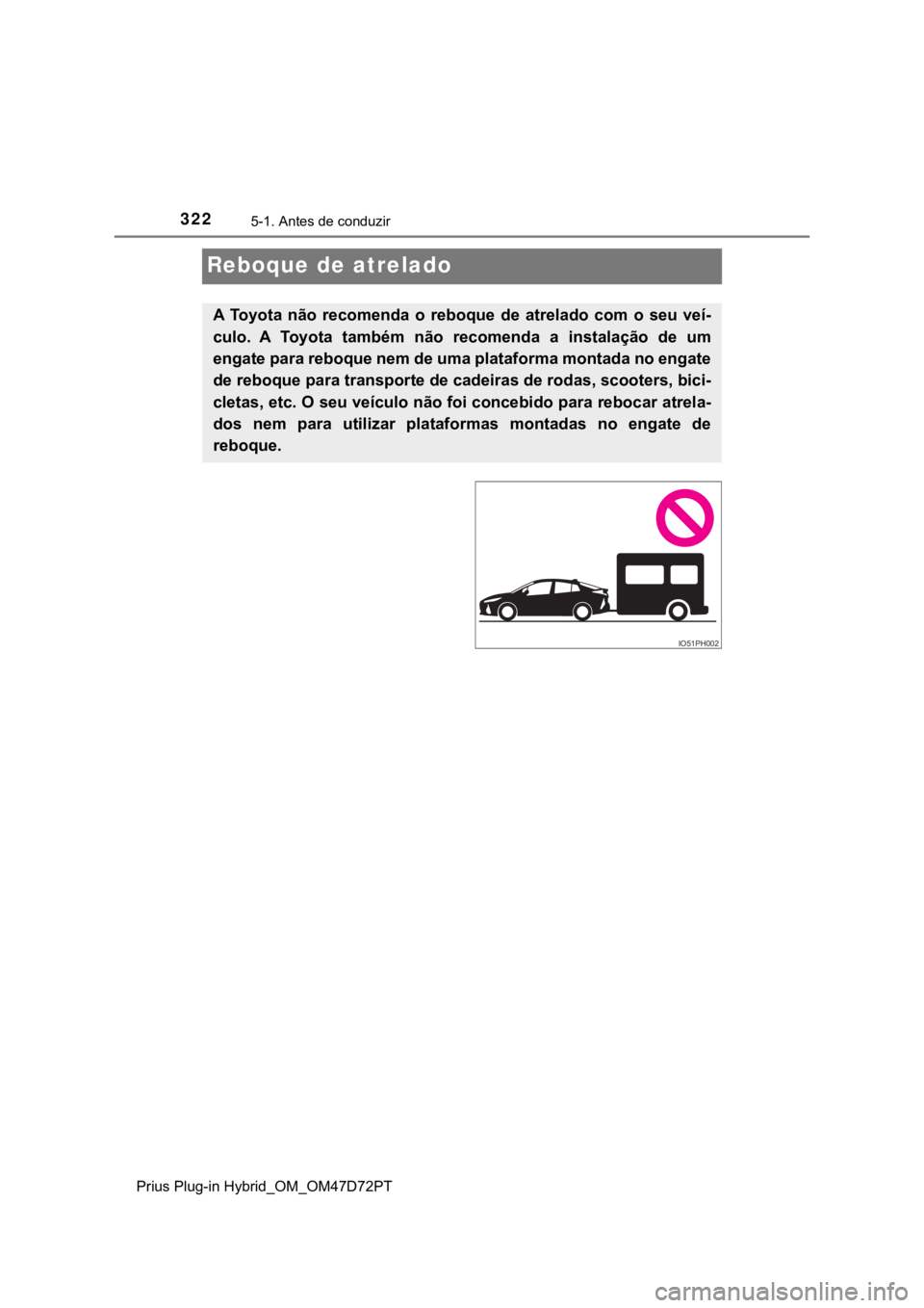TOYOTA PRIUS PLUG-IN HYBRID 2022  Manual de utilização (in Portuguese) 3225-1. Antes de conduzir
Prius Plug-in Hybrid_OM_OM47D72PT
Reboque de atrelado
A  Toyota  não  recomenda  o  reboque  de  atrelado  com  o  seu  veí-
culo.  A  Toyota  também  não  recomenda  a  