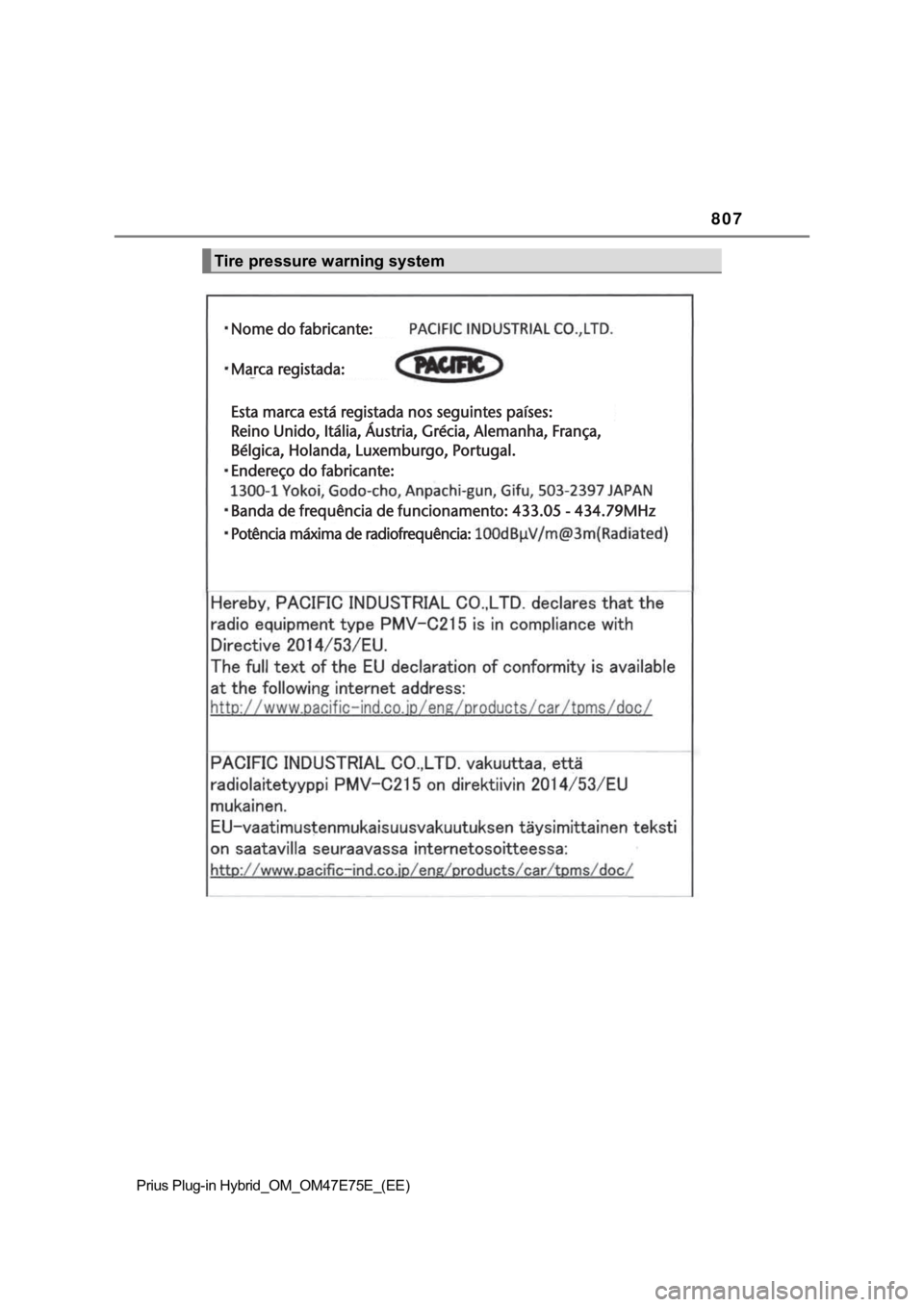 TOYOTA PRIUS PLUG-IN HYBRID 2022  Manual de utilização (in Portuguese) 807
Prius Plug-in Hybrid_OM_OM47E75E_(EE)
Tire pressure warning system
Nome do fabricante:Nome do fabricante:
Marca registada:Marca registada:
Esta marca está registada nos seguintes países:Esta mar
