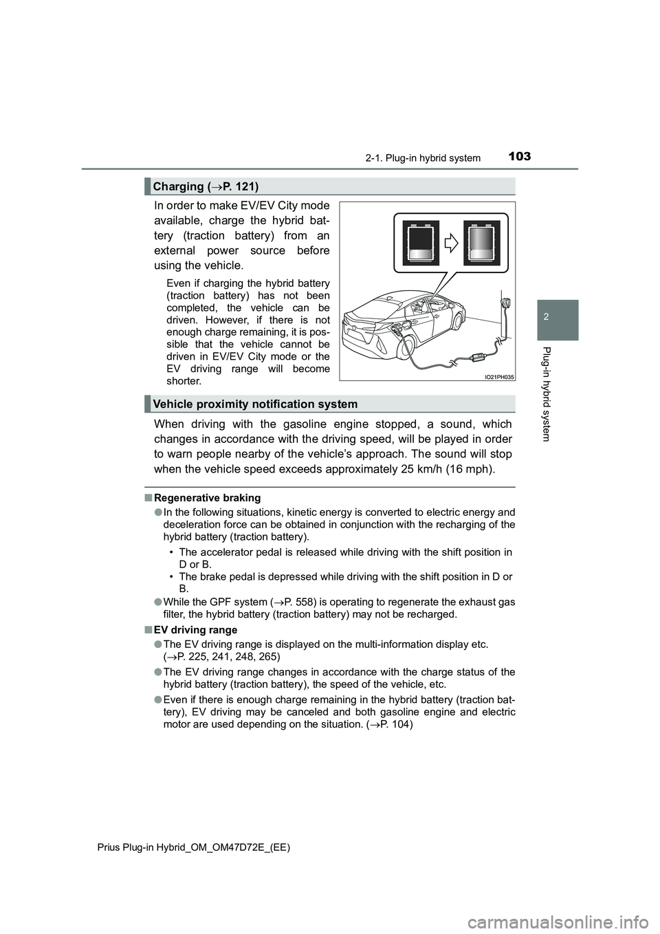 TOYOTA PRIUS PLUG-IN HYBRID 2021  Owners Manual 1032-1. Plug-in hybrid system
2
Plug-in hybrid system
Prius Plug-in Hybrid_OM_OM47D72E_(EE)
In order to make EV/EV City mode 
available, charge the hybrid bat- 
tery (traction battery) from an 
extern