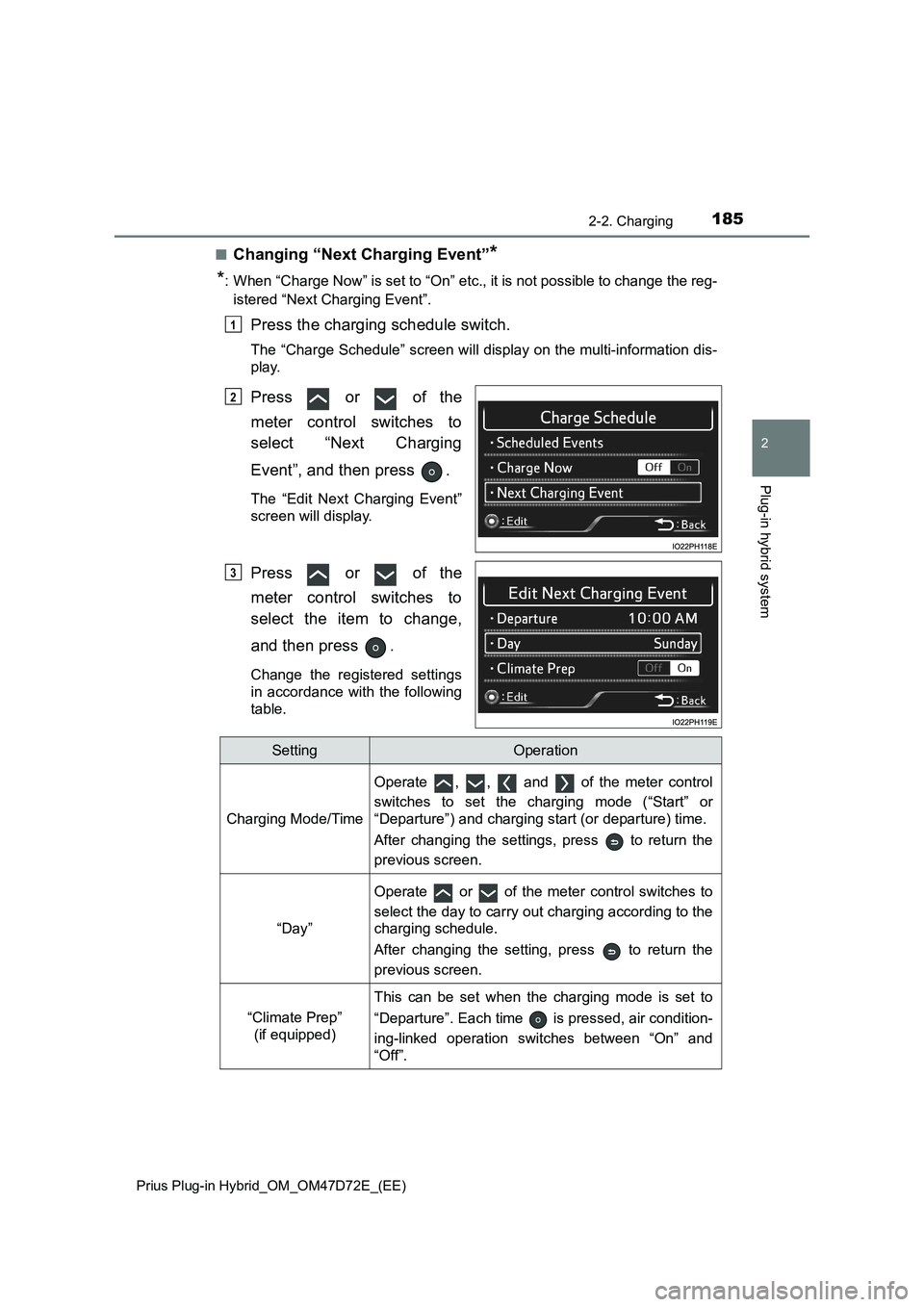 TOYOTA PRIUS PLUG-IN HYBRID 2021  Owners Manual 1852-2. Charging
2
Plug-in hybrid system
Prius Plug-in Hybrid_OM_OM47D72E_(EE)
■Changing “Next Charging Event”*
*
: When “Charge Now” is set to “On” etc., it is not possible to change th