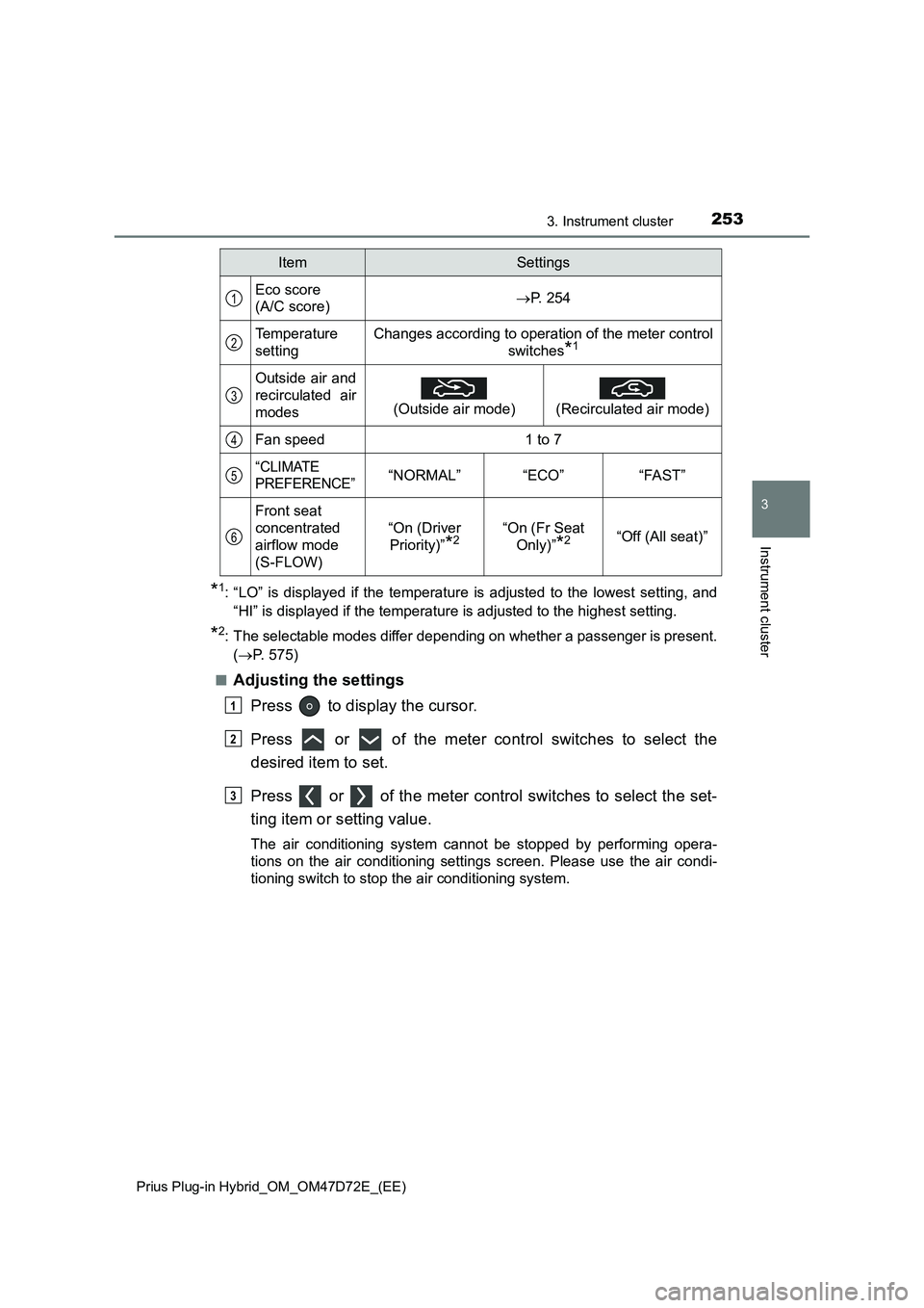 TOYOTA PRIUS PLUG-IN HYBRID 2021  Owners Manual 2533. Instrument cluster
3
Instrument cluster
Prius Plug-in Hybrid_OM_OM47D72E_(EE)
*1: “LO” is displayed if the temperature is adjusted to the lowest setting, and
“HI” is displayed if the tem